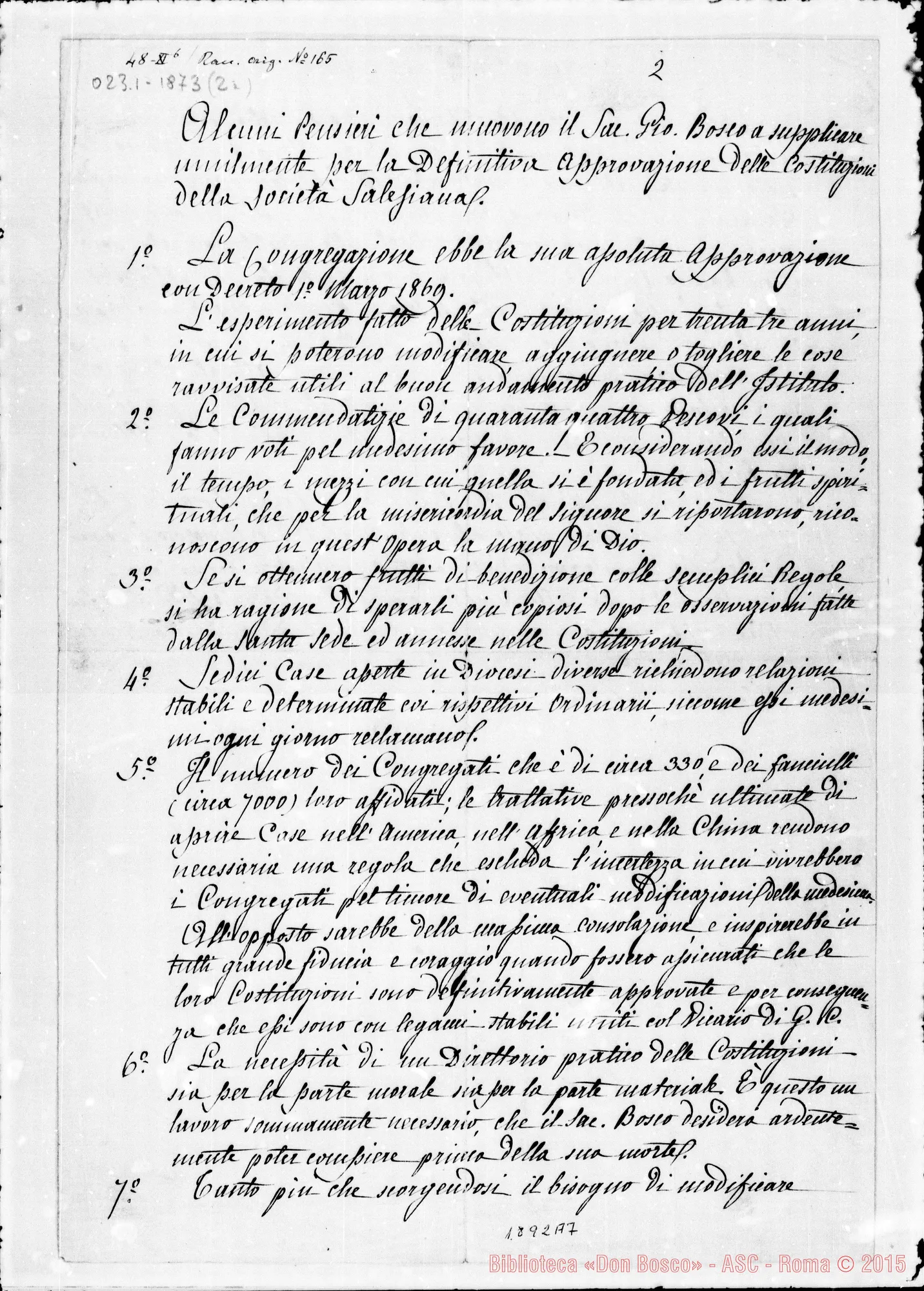 Fotogramma A 7 — «Alcuni pensieri che muovono D. Bosco A supplicare…» Copia ms.