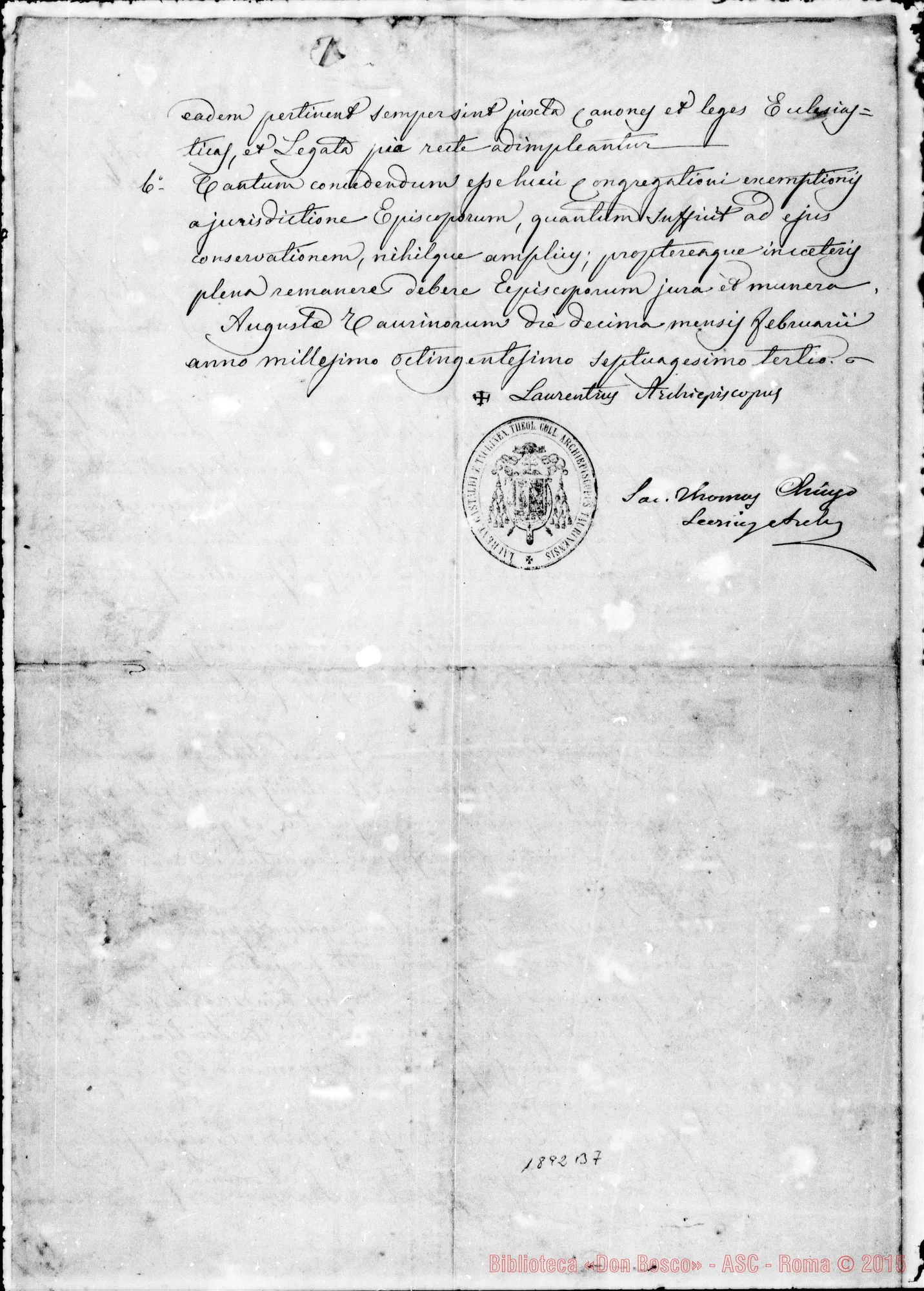 Fotogramma B 7 — Commendatizia di Mons. Gastaldi per l’approvazione delle Cost. Originale (10-2-1873)