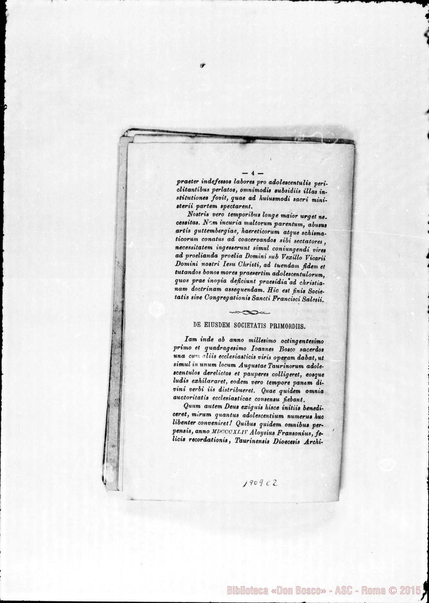 Fotogramma C 2 — Edizione latina stampata. Typis S.C. Prop. Fide. Correz. autogr. Bosco