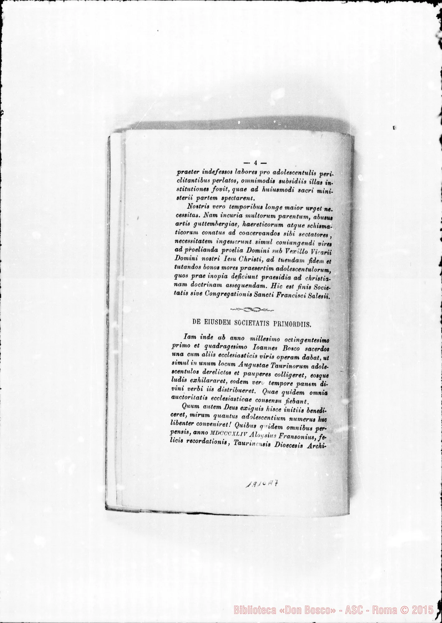 Fotogramma A 7 — Edizione latina stampata. Typis S.C. Prop. Fide. Annotaz. Amedei