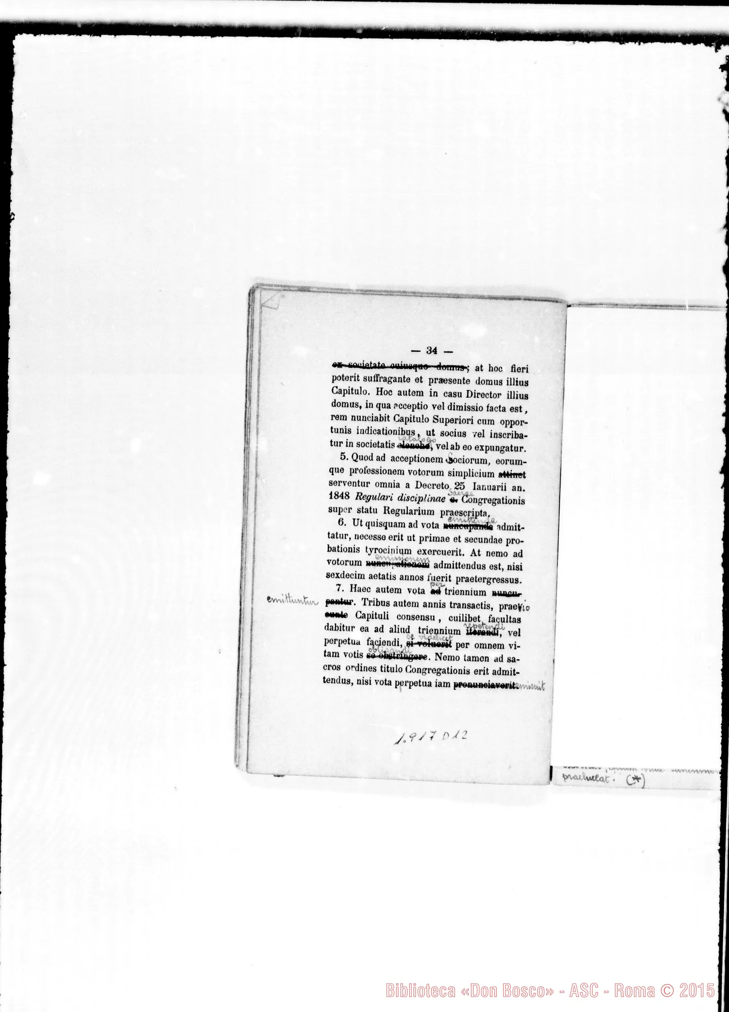 Fotogramma D 12 — «Regulae seu Constitutiones». Stampato con correz. ms.