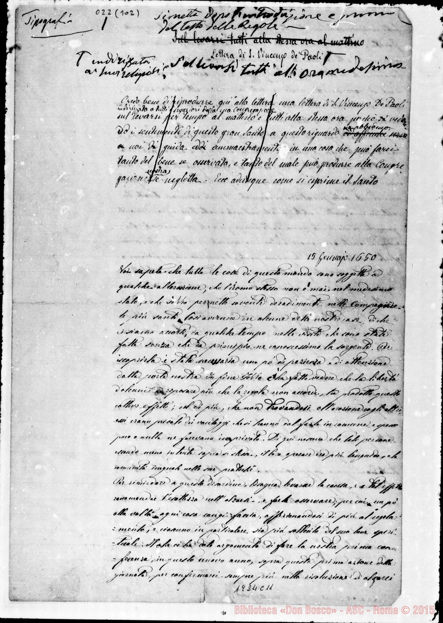 Fotogramma C 11 — Appendice alla ediz. Italiana: Lettera di S. Vincenzo de’ Paoli. Autogr. Bosco