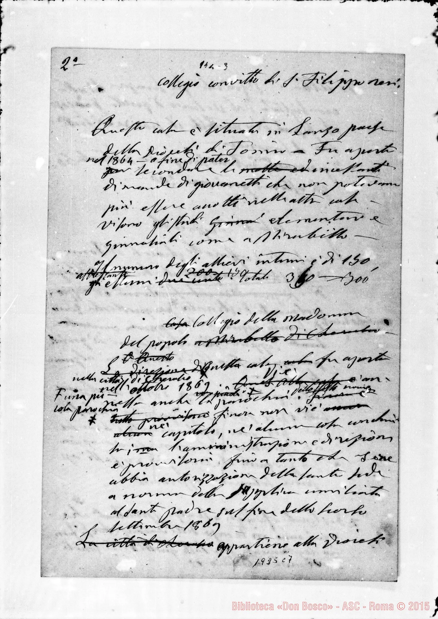 Fotogramma C 7 — «Stato Religioso-Materiale…» Relazione alla S. Sede. Ms. autogr. Bosco. (1870)