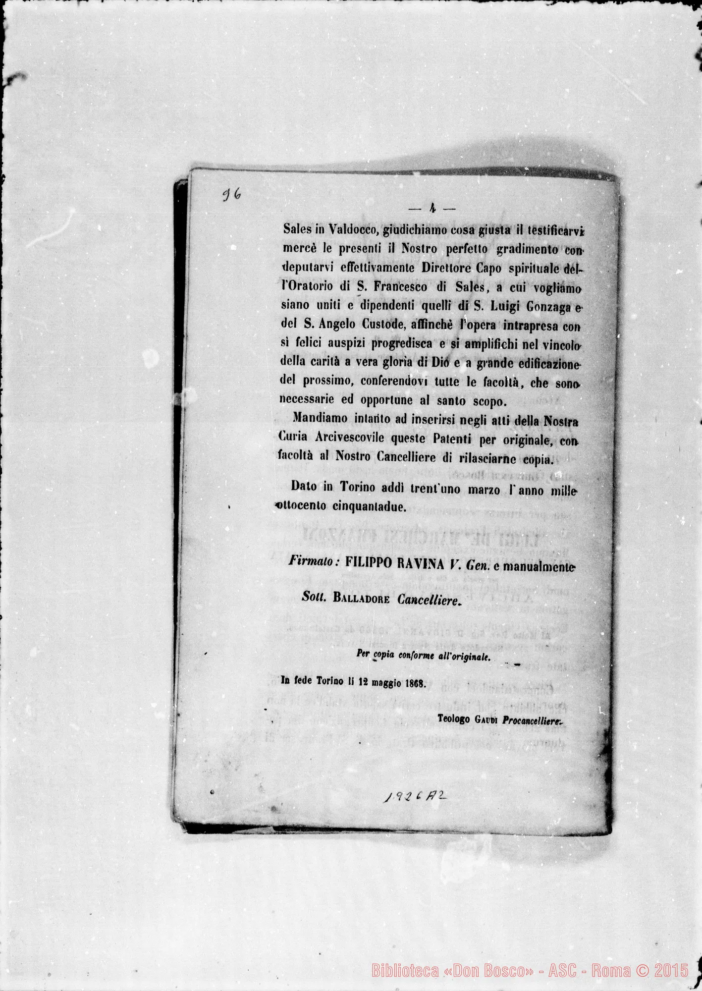Fotogramma A 2 — «Notitia brevis…» Stampato (1868) con correz. E aggiunte autogr. Bosco