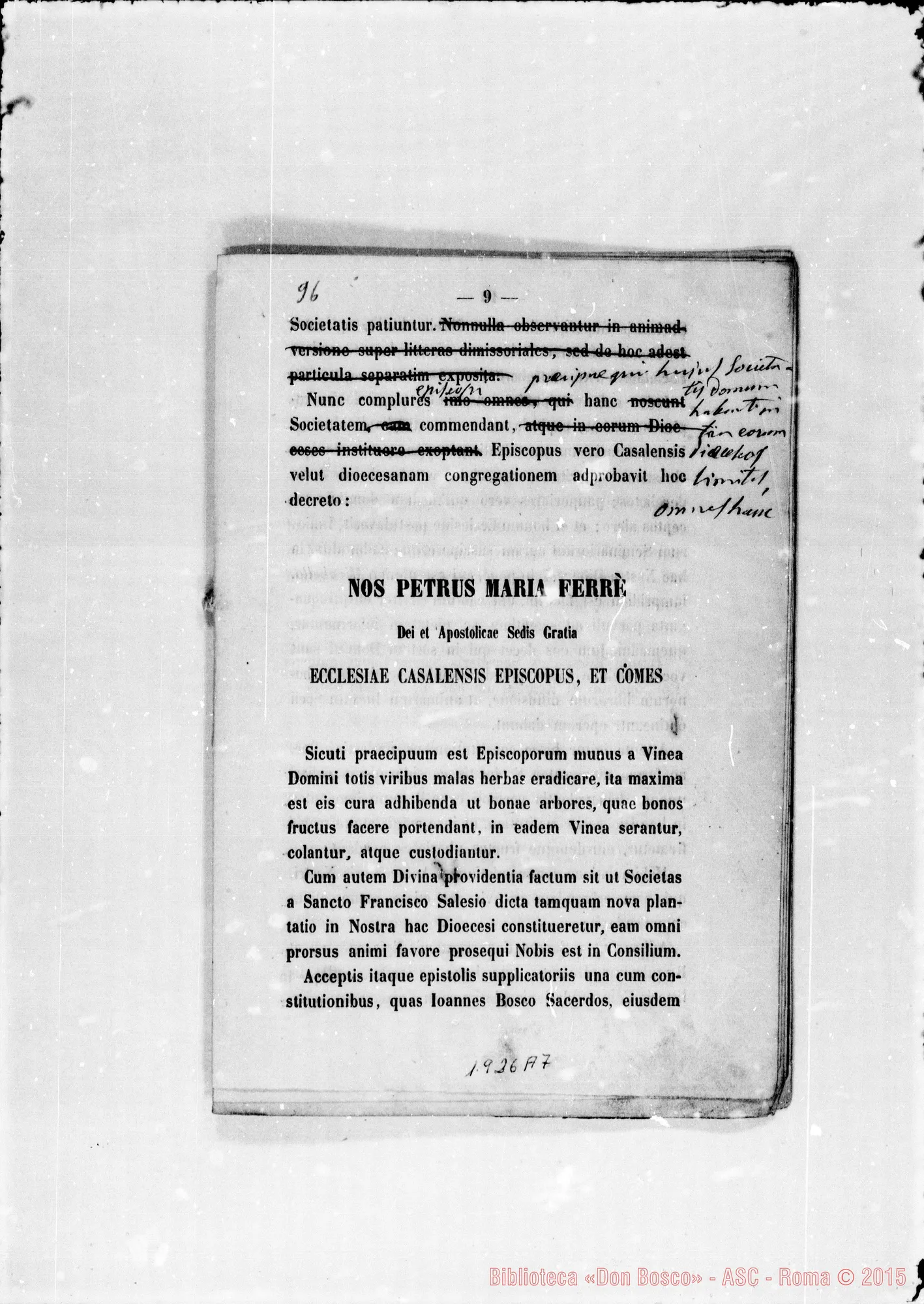 Fotogramma A 7 — «Notitia brevis…» Stampato (1868) con correz. E aggiunte autogr. Bosco