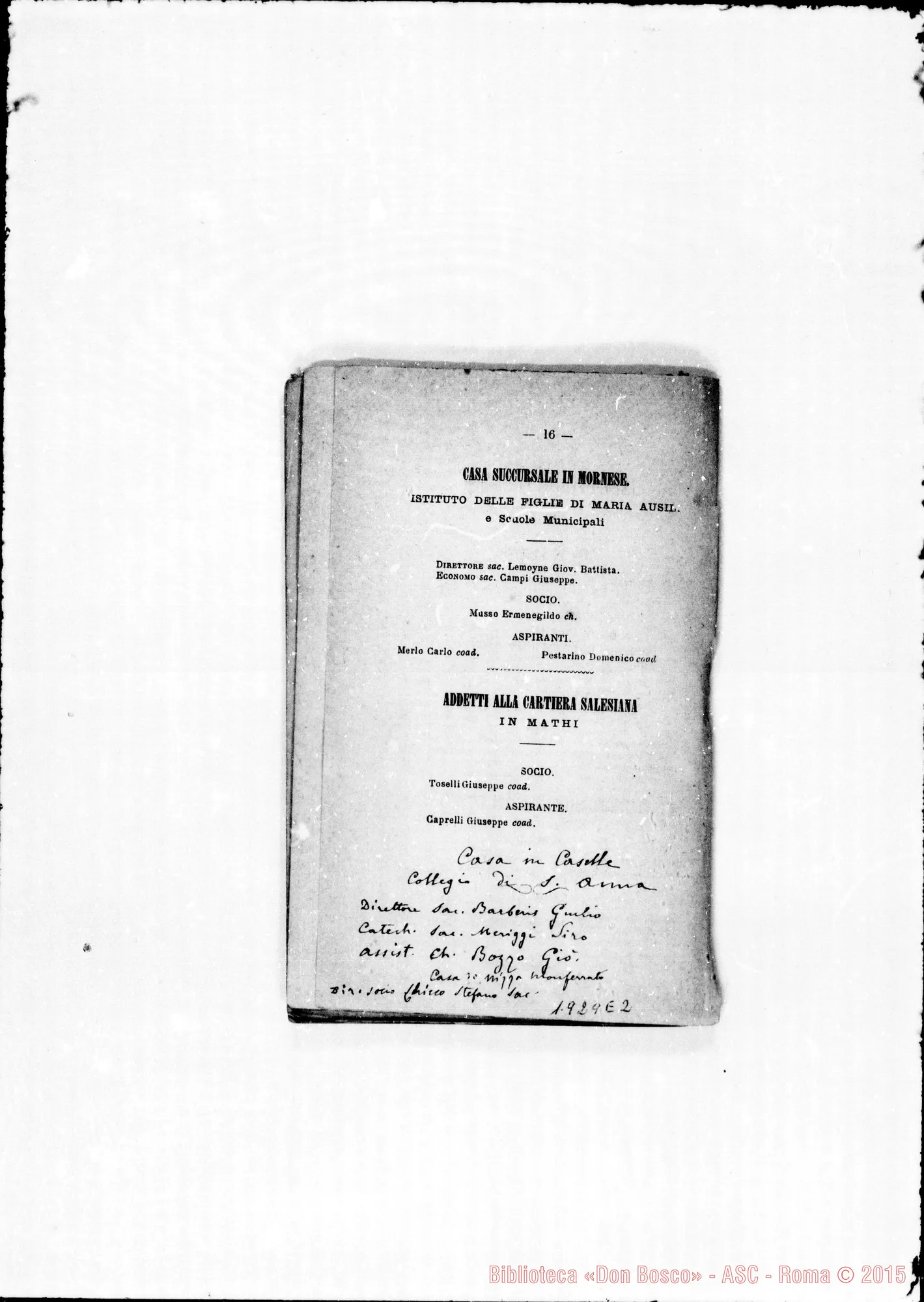Fotogramma E 2 — 1878 Note autogr. Bosco. Ispettorie: Piemontese- Ligure- Americana- Romana. Note autogr. di D. Rua