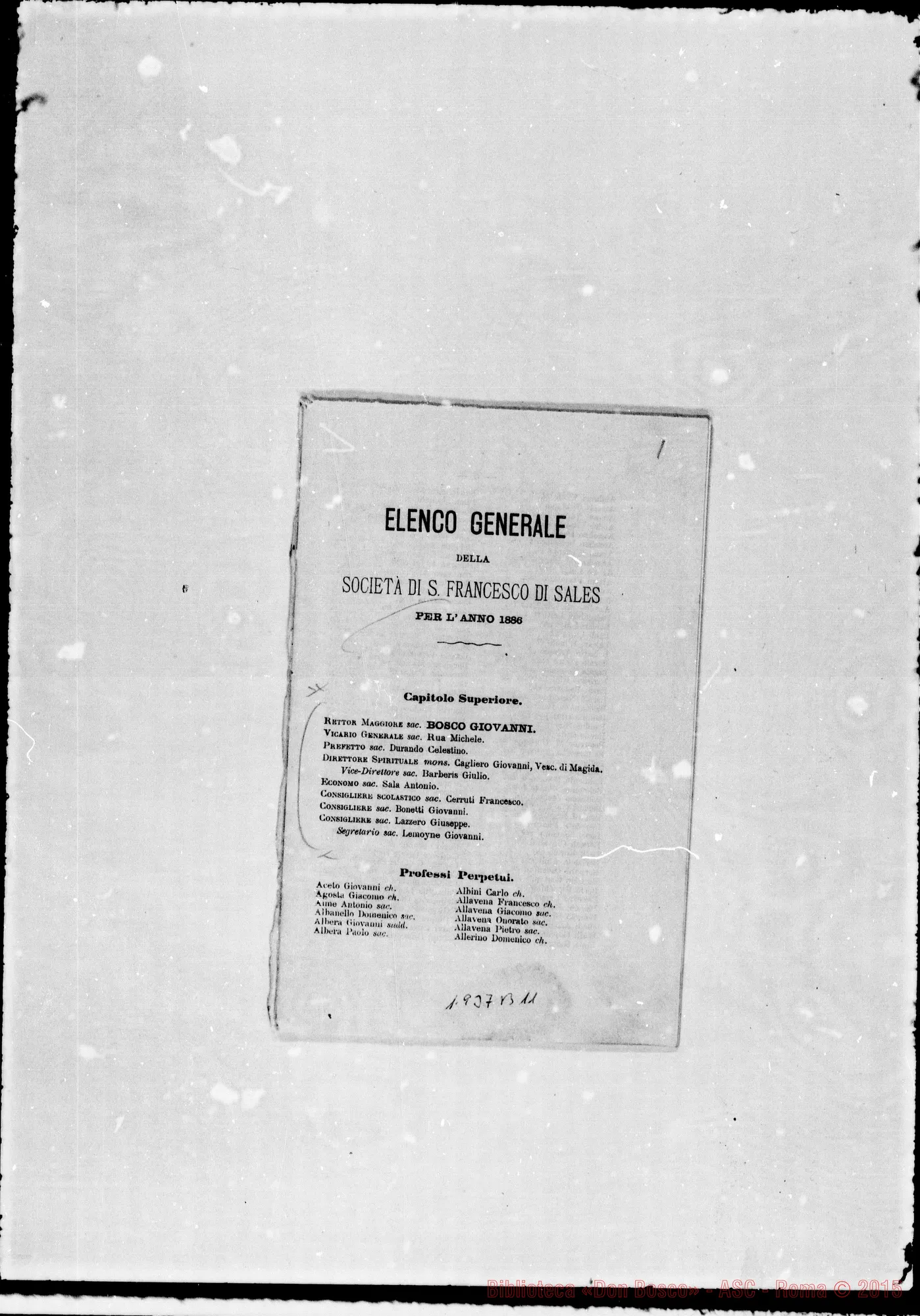 Fotogramma B 11 — 1886 Non appare la carica d’Archivista. Appare il titolo «Rettor MAGGIORE»