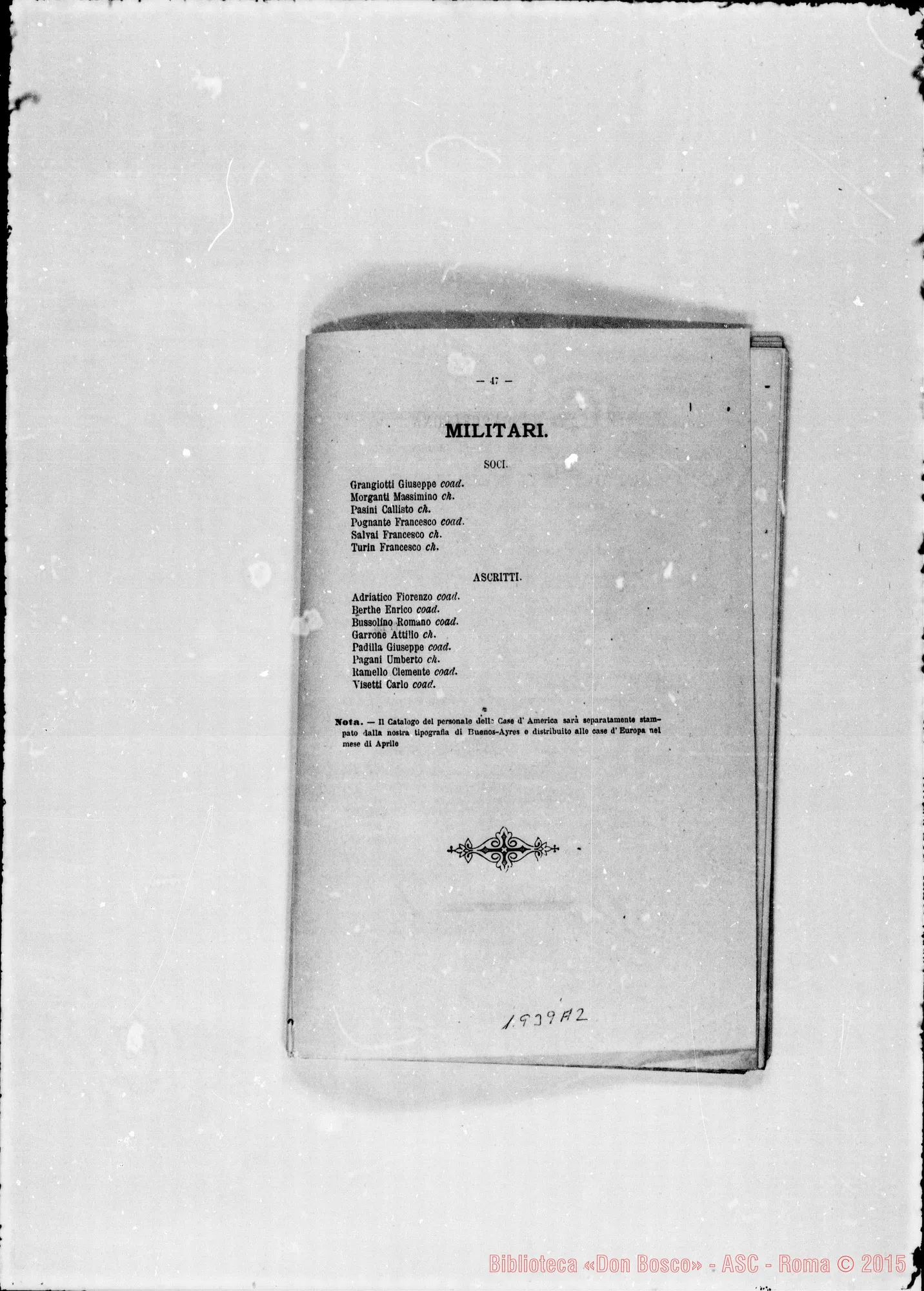 Fotogramma A 2 — 1887 Appaiono due elenchi: Europa E America