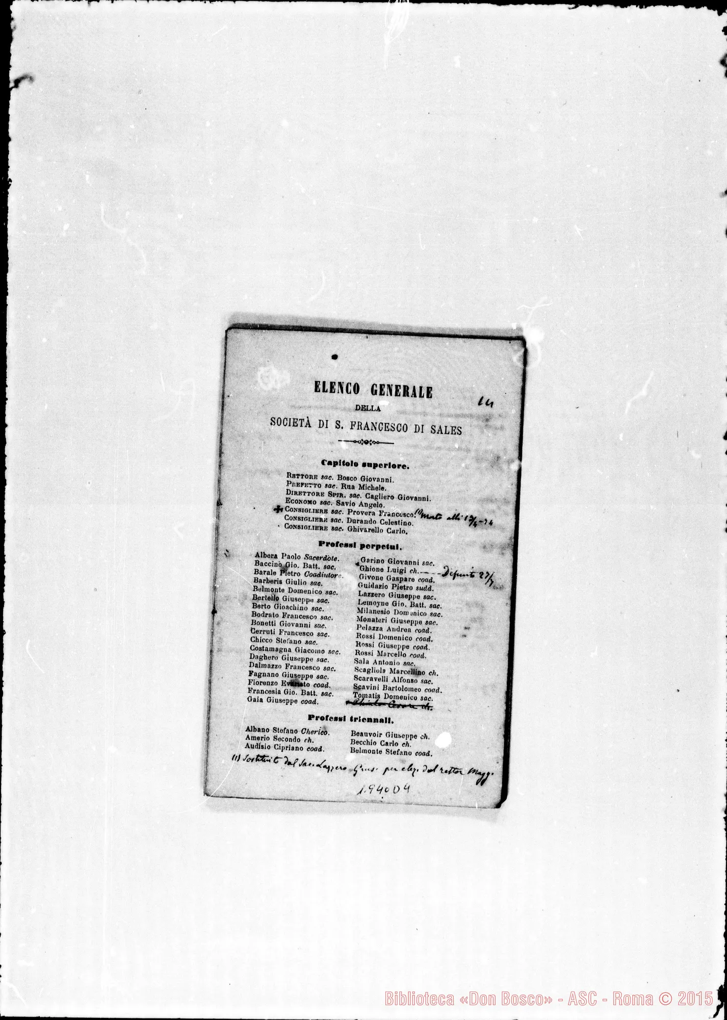 Fotogramma D 4 — Elenco dell’anno 1874 con correz. ms. di D. Bosco E altri