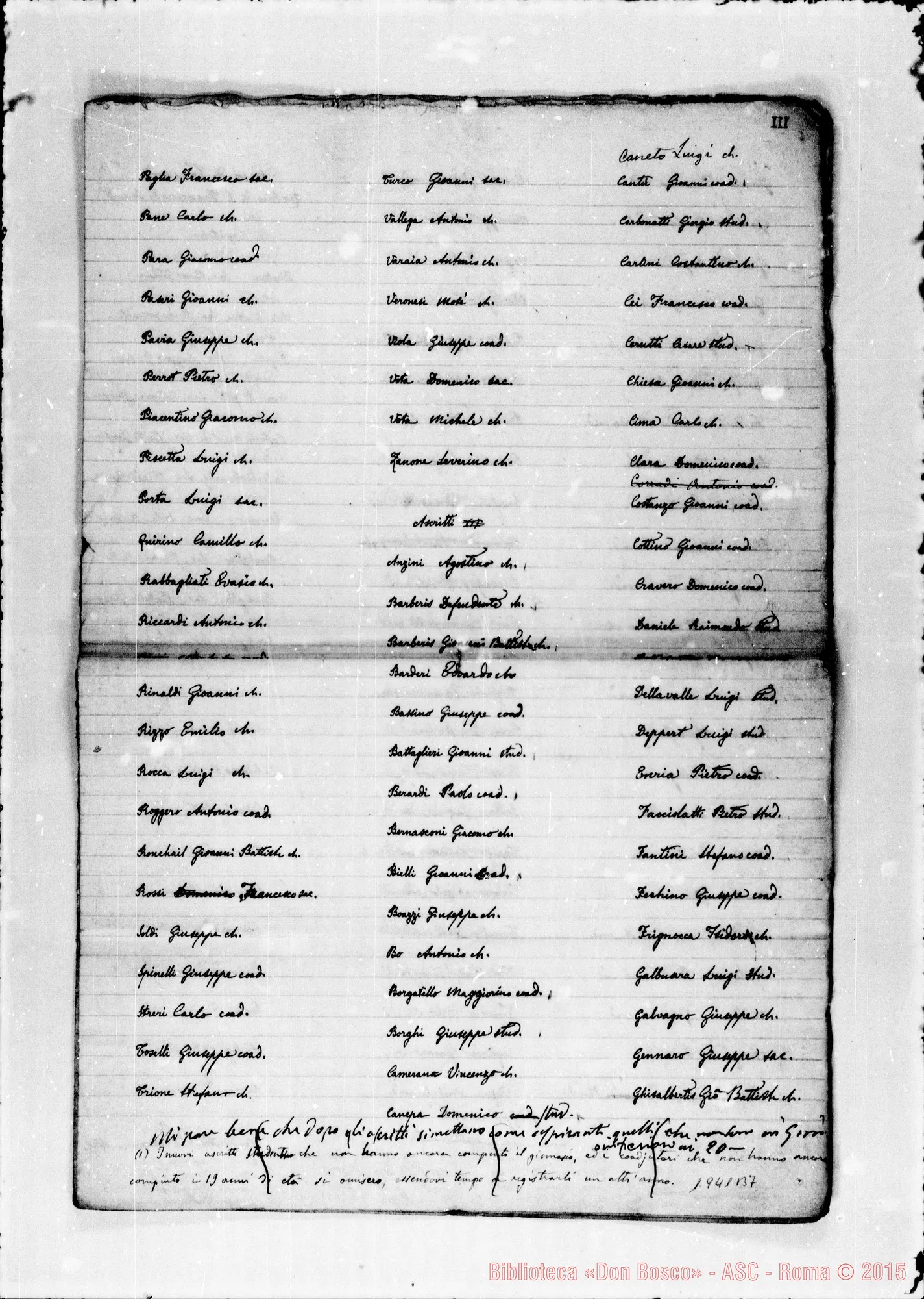 Fotogramma B 7 — Elenco ms. (anno 1875) con aggiunte di D. Rua E un autogr. di D. Bosco