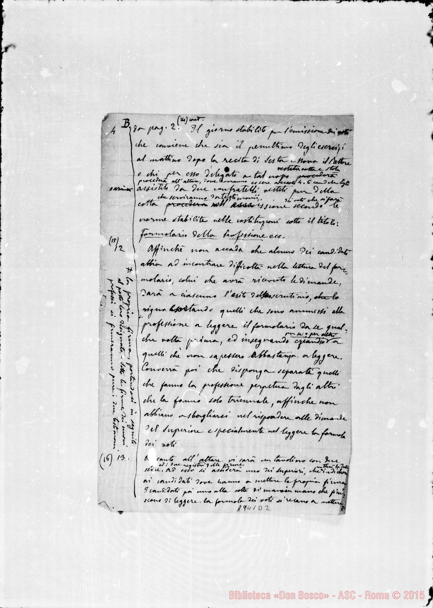 Fotogramma D 2 — Regolamento degli esercizi spirit. nelle Case della Congr. Ms. autogr. Rua