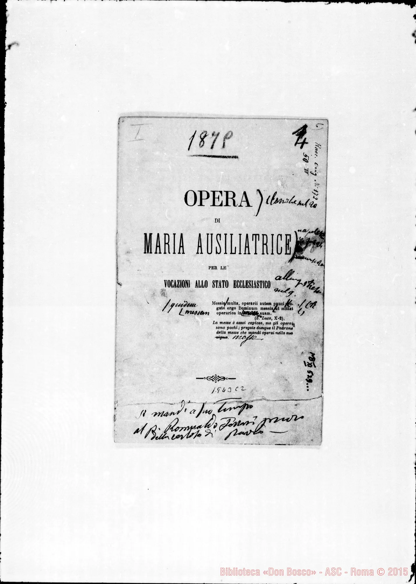 Fotogramma C 2 — «Opera di Maria Ausiliatrice…» Stampato con correz. autogr. Bosco