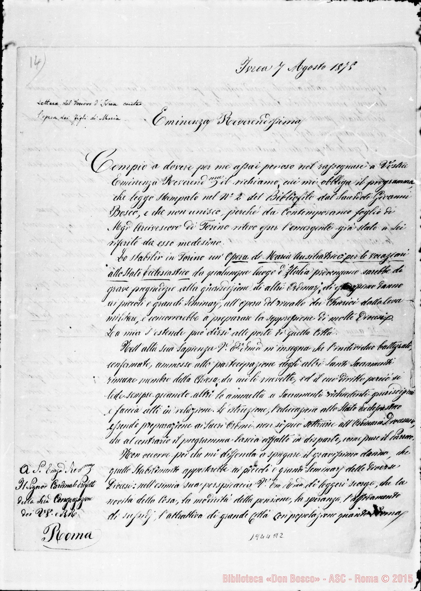 Fotogramma A 2 — Lettera di Mons. Moreno A Card. Bizzarri contro l’Opera di Maria A. Originale