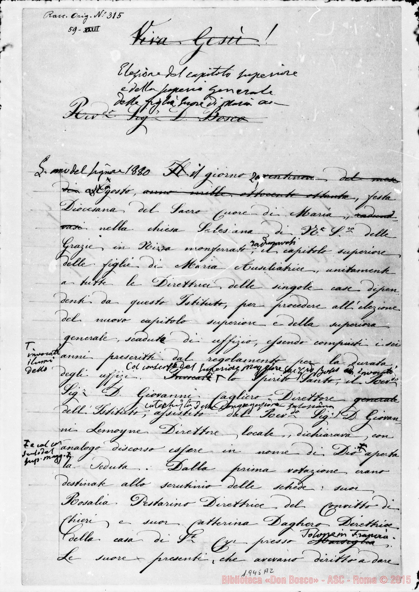 Fotogramma A 2 — «Verbale della Elezione del Capitolo Superiore». Ms. con correz. E aggiunte autogr. Bosco