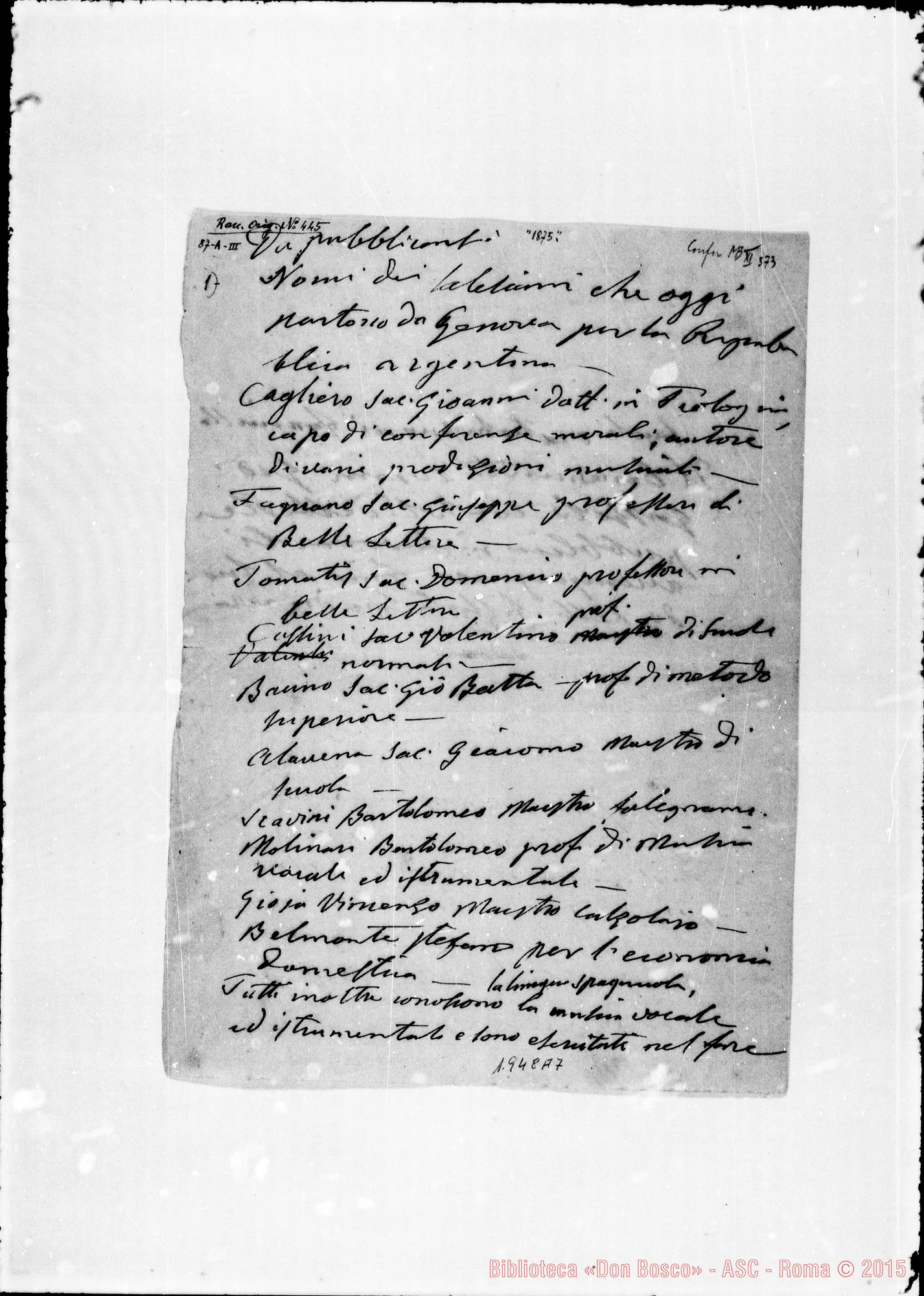 Fotogramma A 7 — «Nomi dei salesiani che oggi…» (1875) Ms. autogr. Bosco
