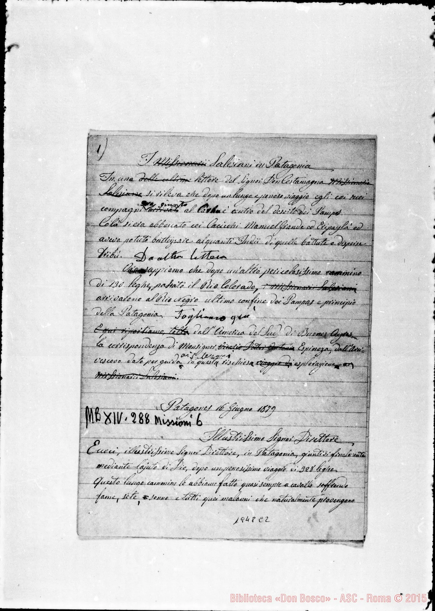 Fotogramma C 2 — I Salesiani nella Patagonia. Ms. con correz. autogr. Bosco