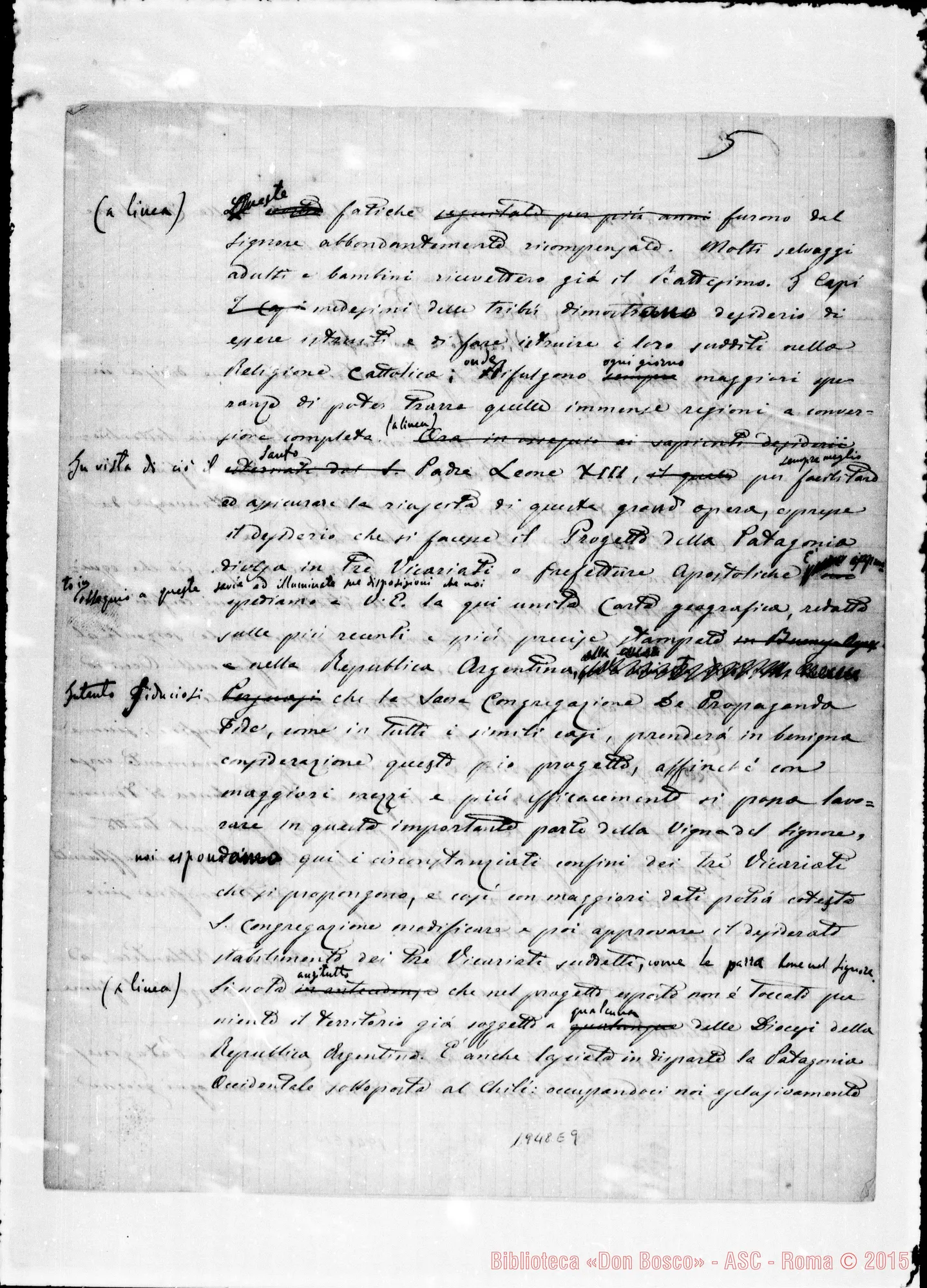 Fotogramma E 9 — Progetto della Patagonia divisa in tre Vicariati. Ms. di D. Antonio Riccardi e correz. di D. Bosco ed altri