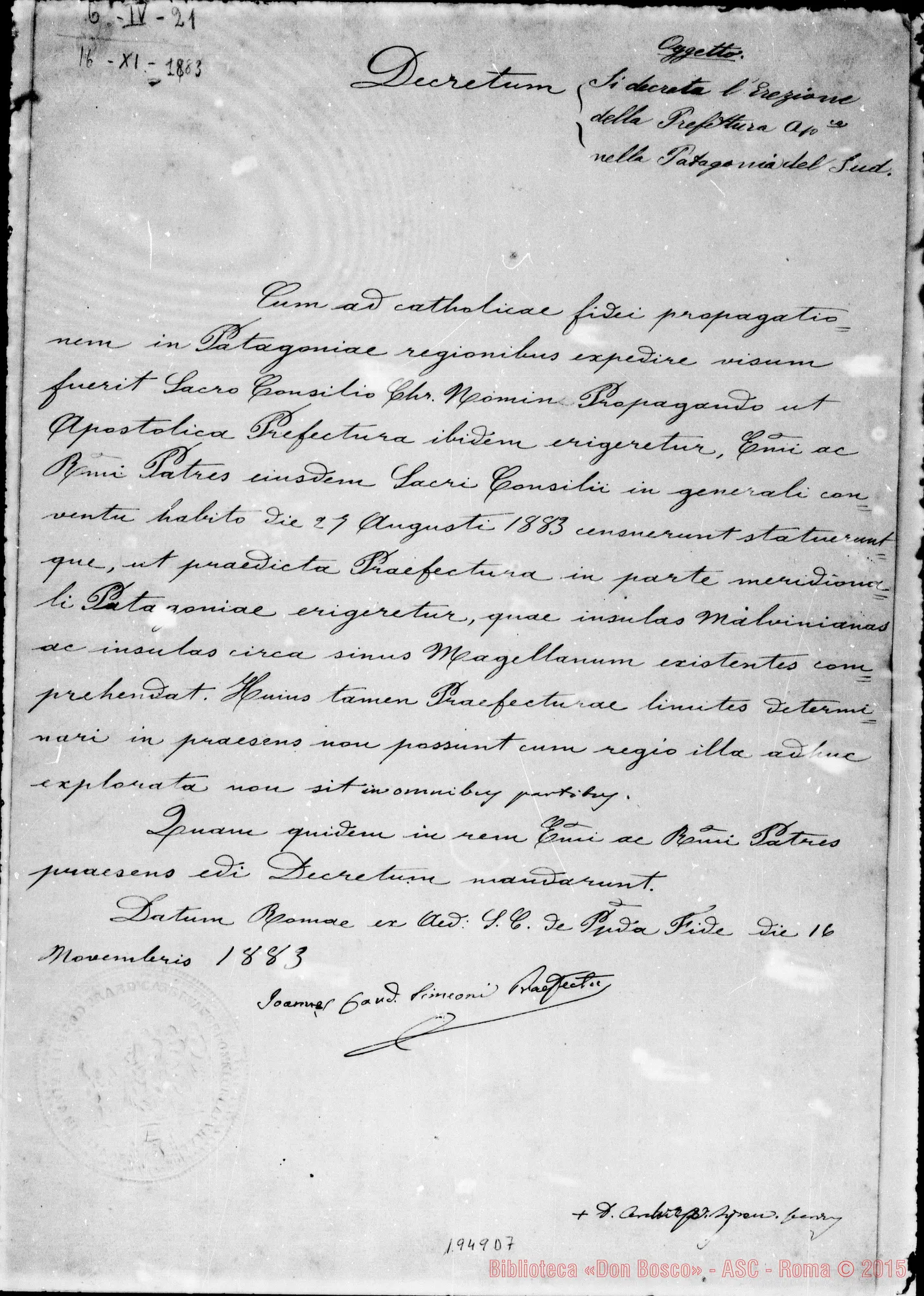 Fotogramma D 7 — Decretum. Erezione della Prefettura Apostolica nella Patagonia del Sud