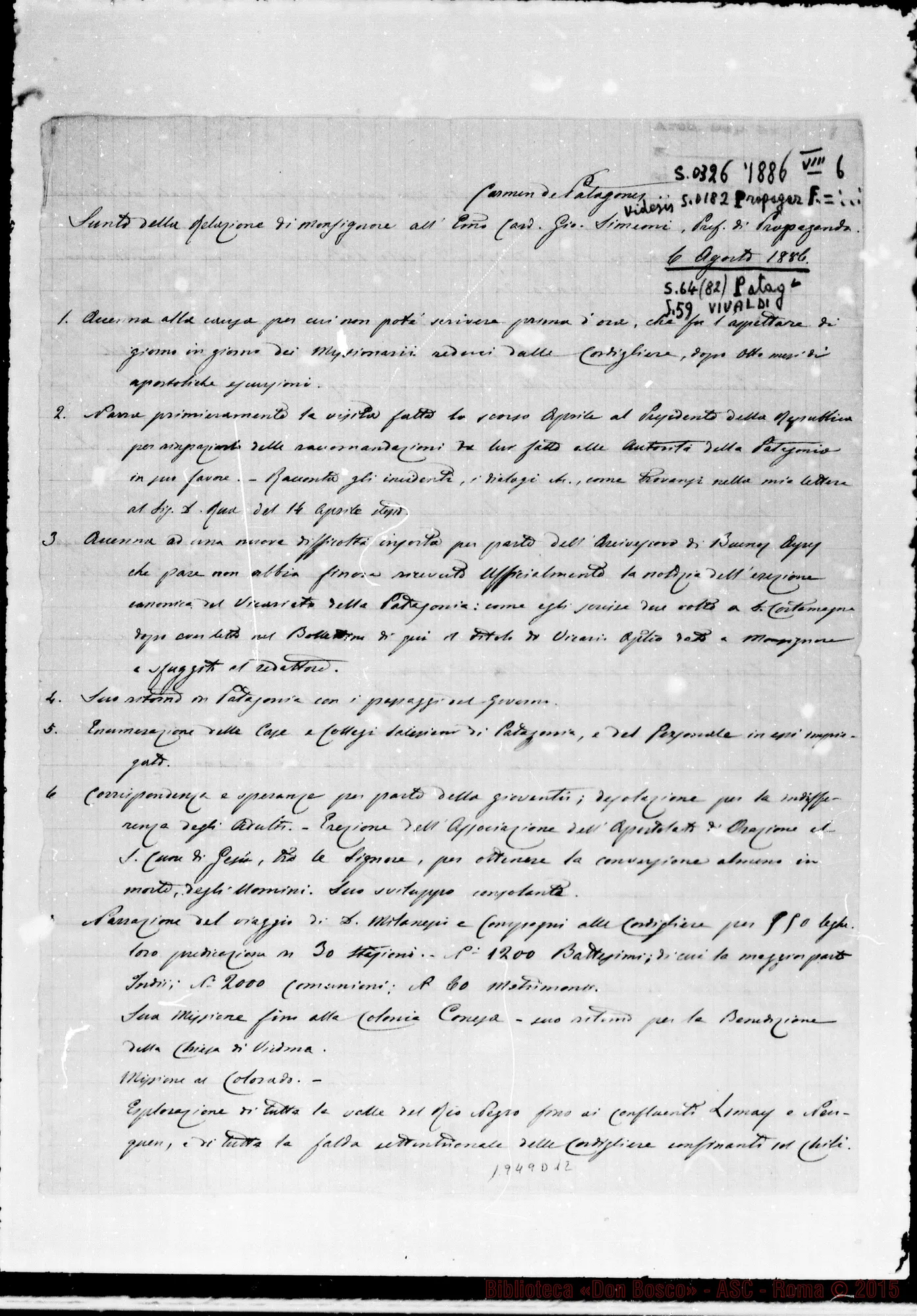 Fotogramma D 12 — Sunto della relazione di mons. aH’Eminentissimo Card. Simeoni… Copia ms.