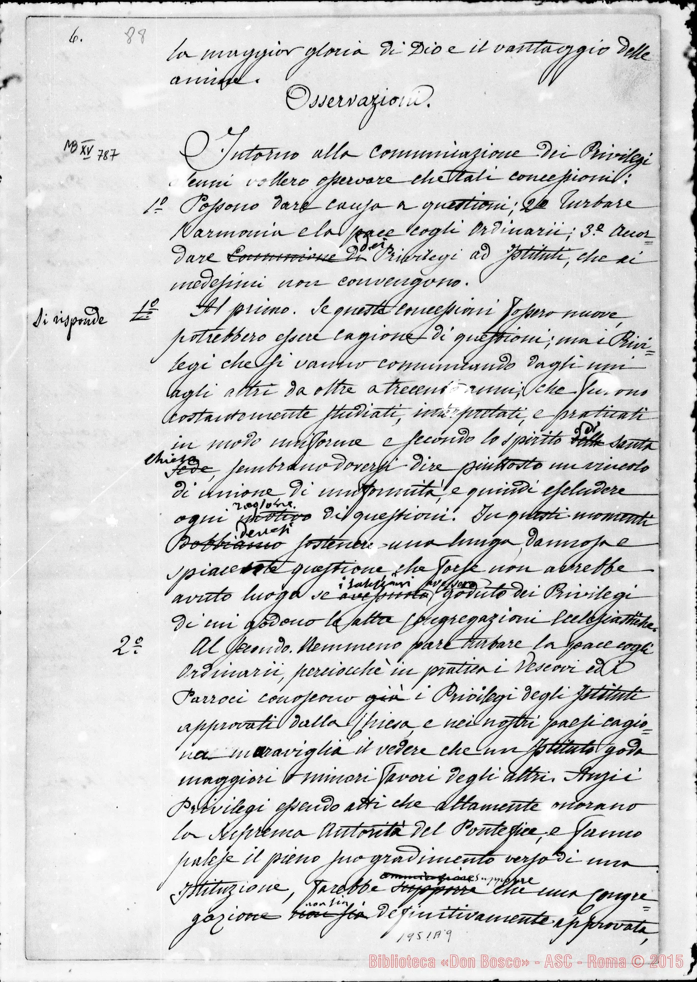Fotogramma A 9 — «Breve relazione sulla Comunicazione dei Privilegi…» Ms. con correz. autogr. Bosco