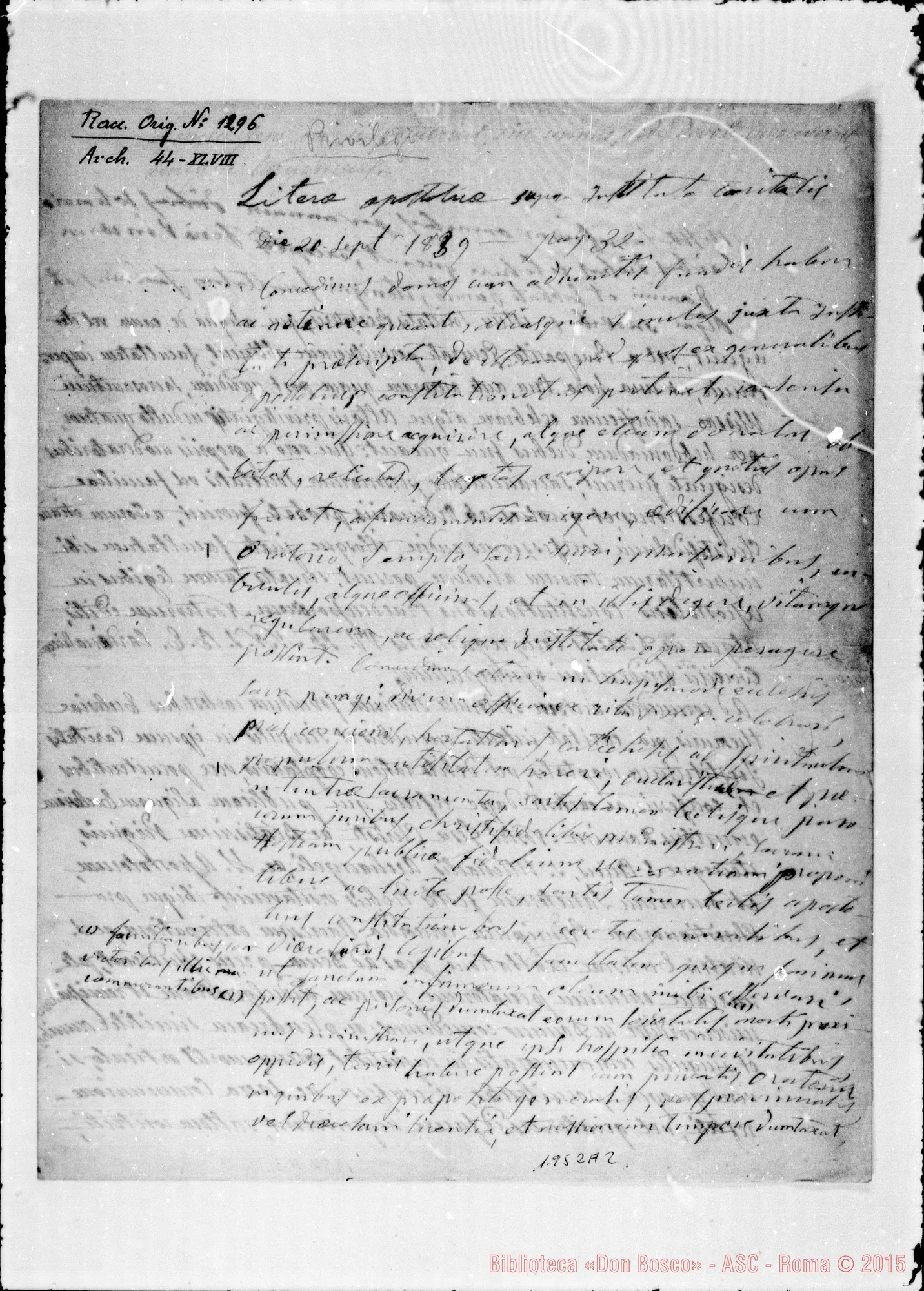 Fotogramma A 2 — «Litera apostolica supra Instituto Caritatis… » Ms. in parte autogr. Bosco