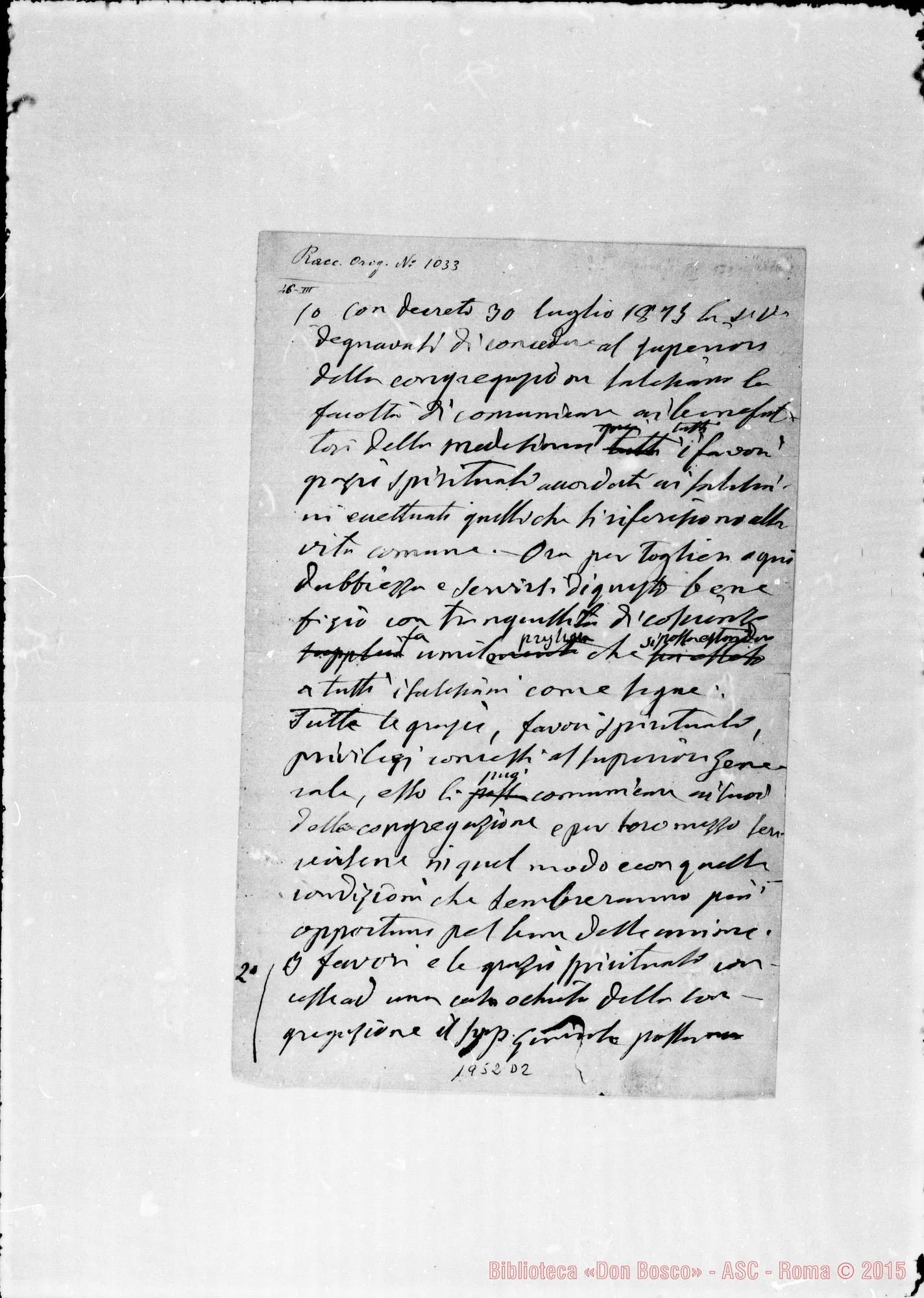 Fotogramma D 2 — «Con decreto 30 luglio 1873…» Ms. autogr. Bosco