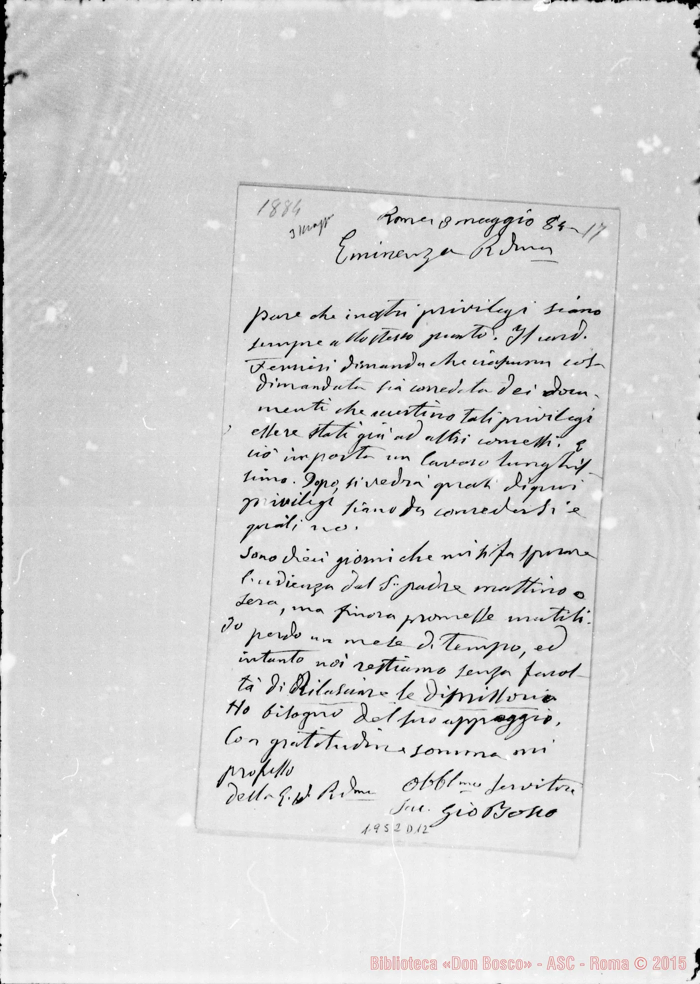 Fotogramma D 12 — Lettere: Bosco-Eminenza Reverendissima. Autogr. Bosco