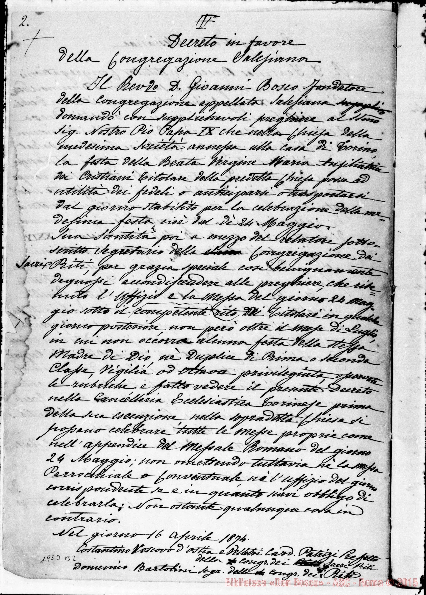Fotogramma B 2 — «…Pel desiderio di facilitarvi la conoscenza E la pratica dei favori…» Ms. di D. Berto destinato alla stampa con correz. E aggiunte autogr. Bosco