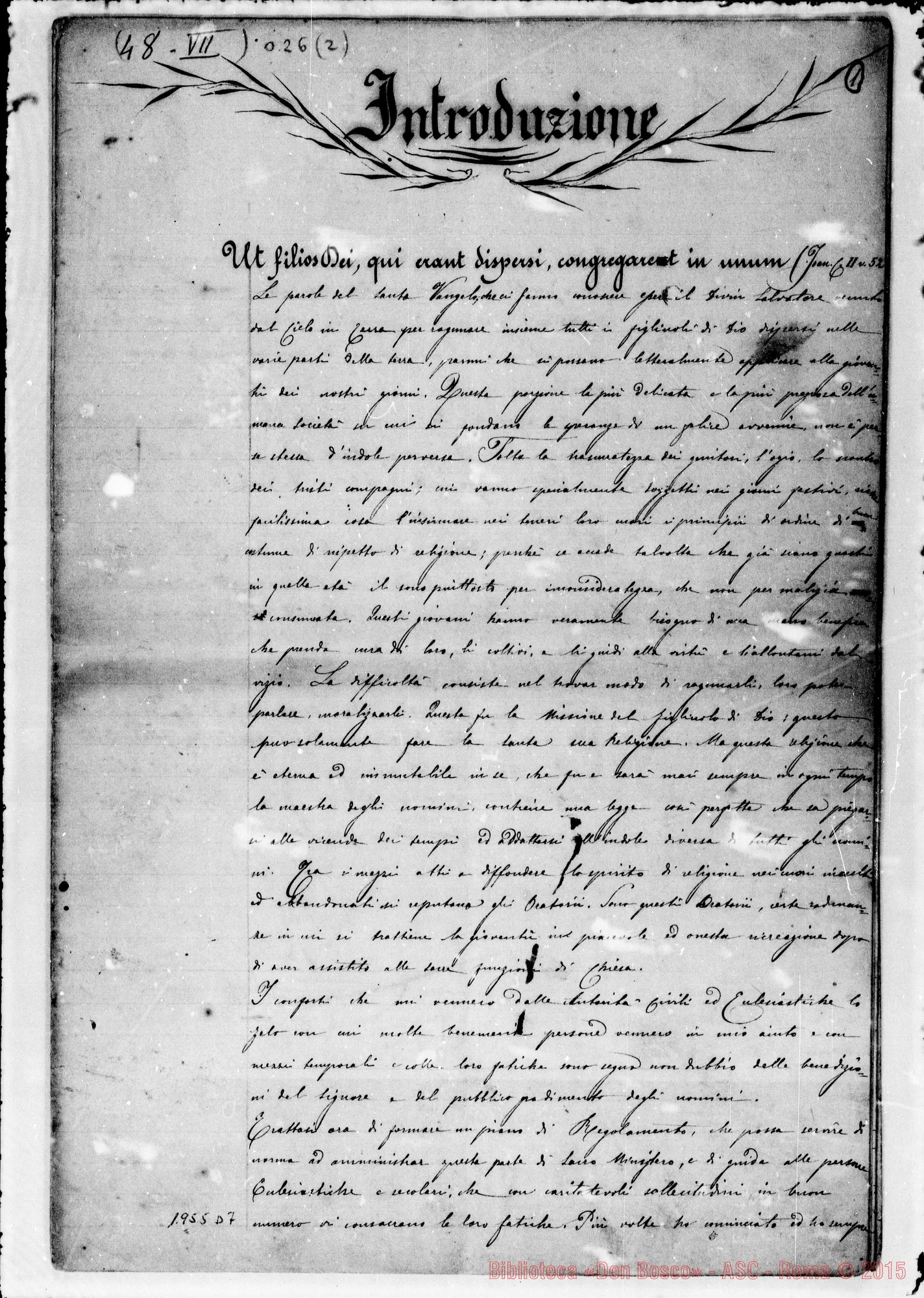 Fotogramma D 7 — Regolamento Primitivo dell’Oratorio, con Introduzione E cenno storico dell’Oratorio. Ms.