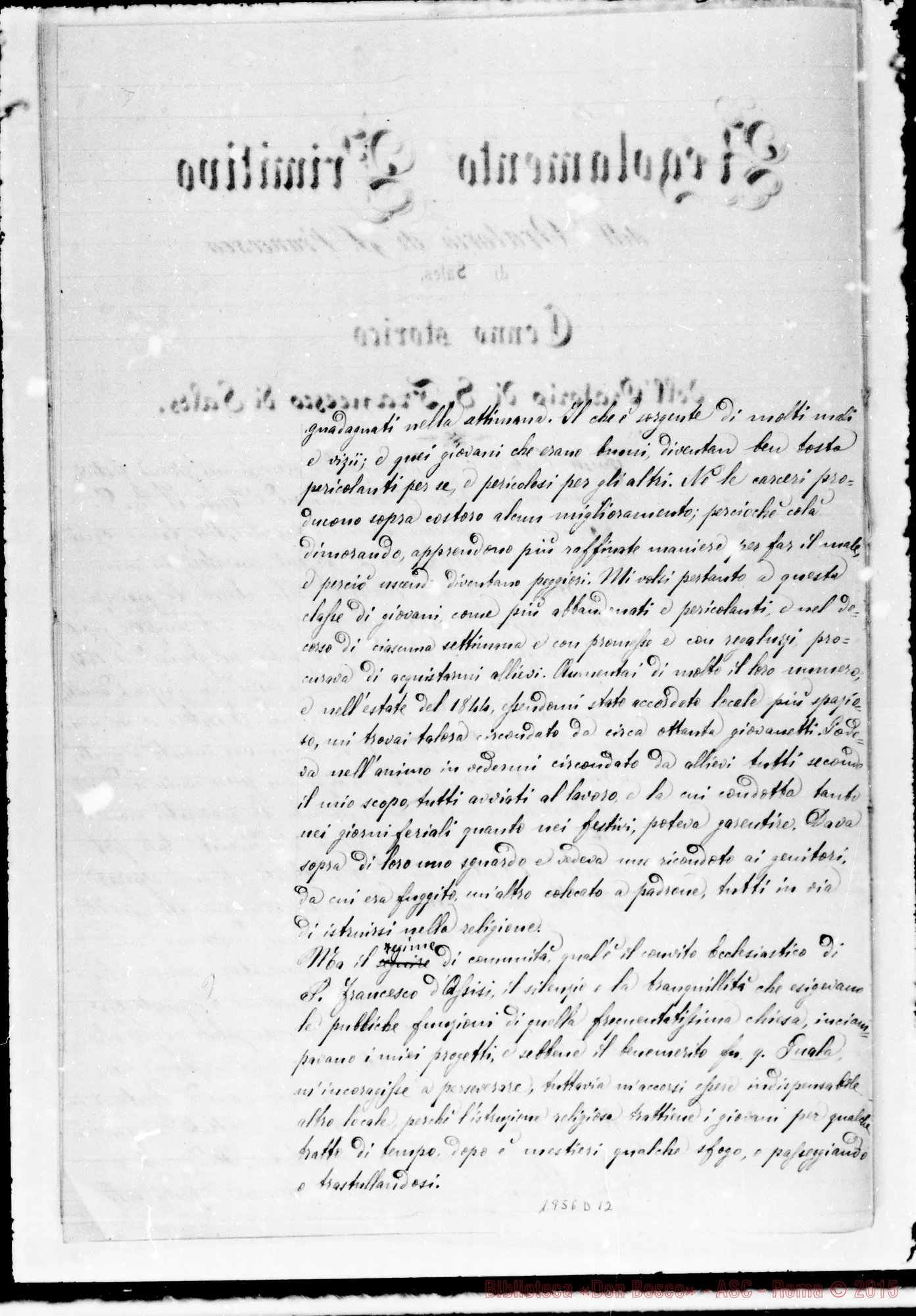 Fotogramma D 12 — Regolamento Primitivo dell’Oratorio. Questa copia contiene solo il Cenno Storico. Ms.