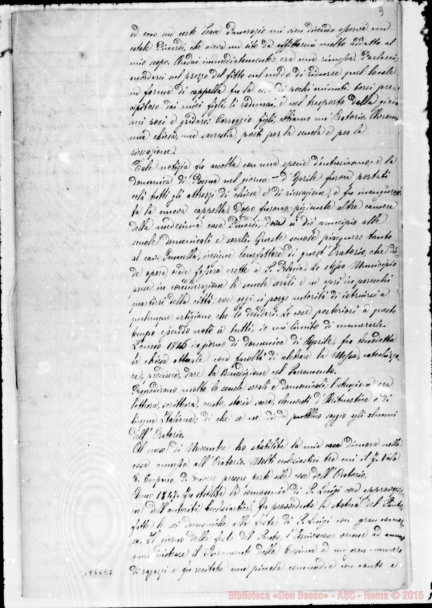 Fotogramma E 7 — Regolamento Primitivo dell’Oratorio. Questa copia contiene solo il Cenno Storico. Ms.