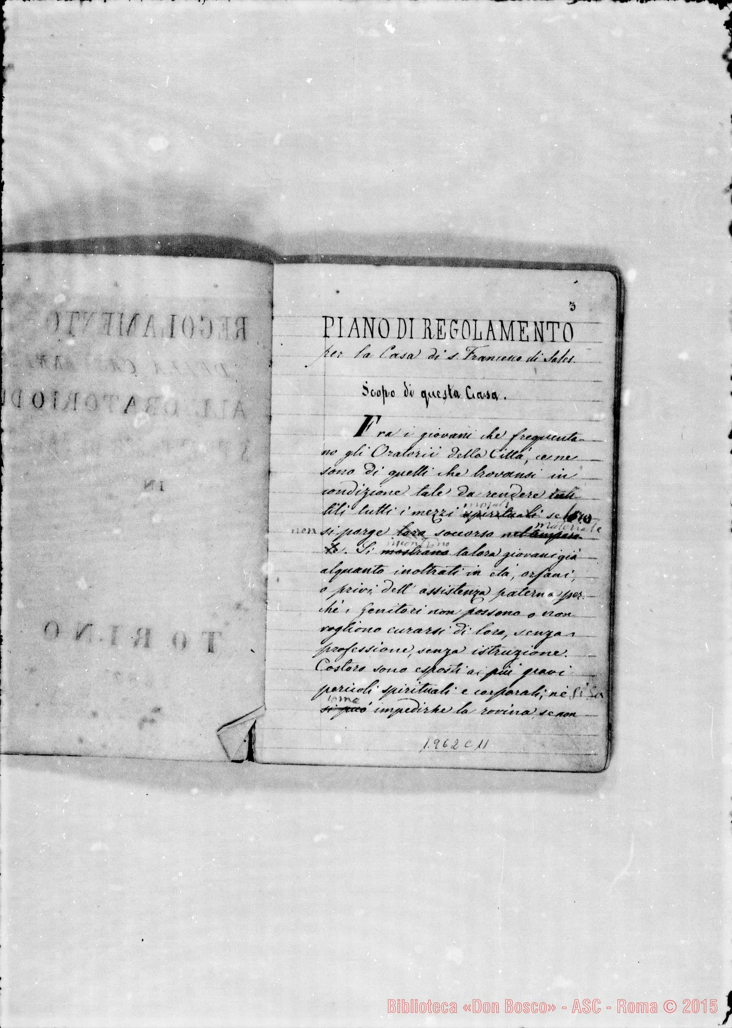 Fotogramma C 11 — Regolamento della Casa di S. Frco. di Sales. Ms. con correz. autogr. Bosco