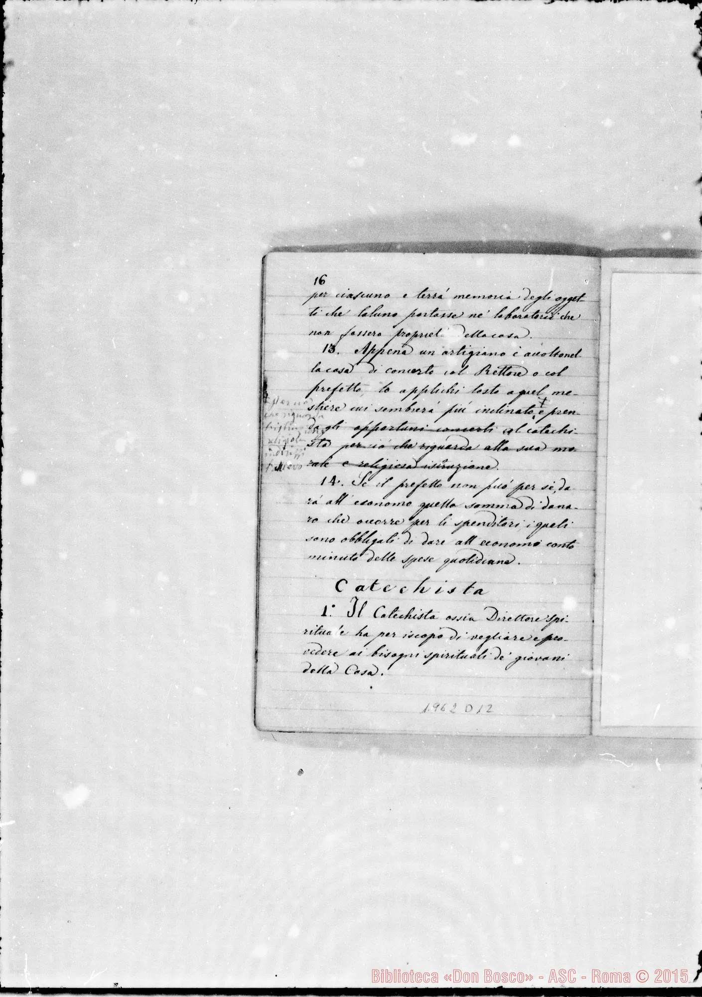 Fotogramma D 12 — Regolamento della Casa di S. Frco. di Sales. Ms. con correz. autogr. Bosco