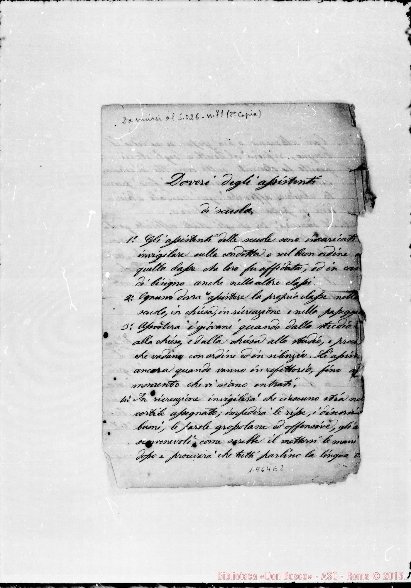 Fotogramma E 2 — Regolamento della casa annessa. Quaderno ms.