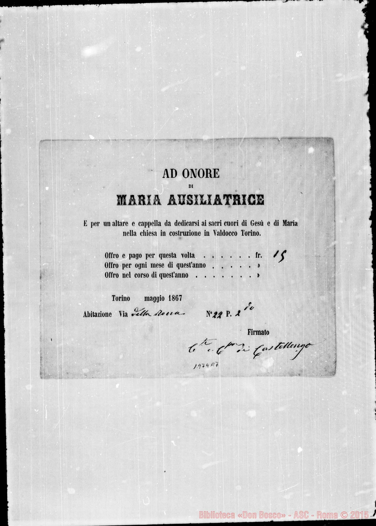 Fotogramma A 7 — Attestati di offerte per l’erigendo Santuario. Qualcuno ha autografo di Don Bosco