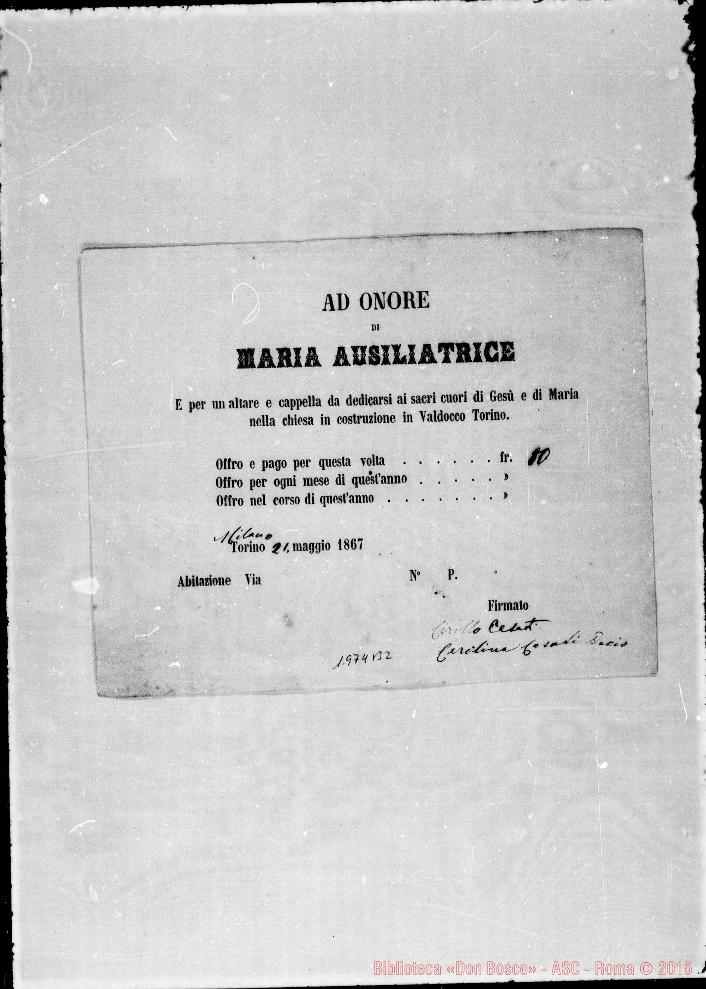 Fotogramma B 2 — Attestati di offerte per l’erigendo Santuario. Qualcuno ha autografo di Don Bosco