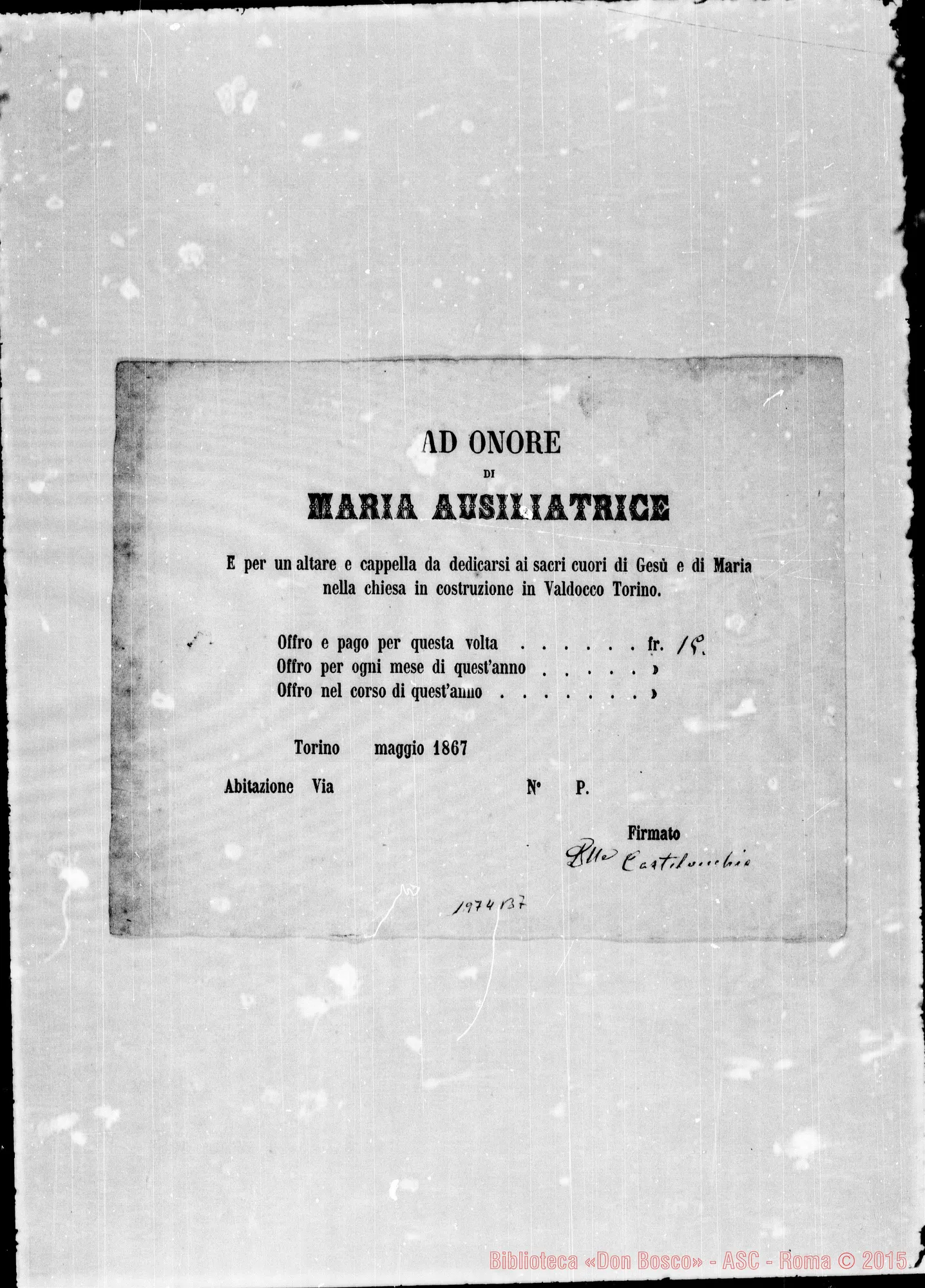 Fotogramma B 7 — Attestati di offerte per l’erigendo Santuario. Qualcuno ha autografo di Don Bosco