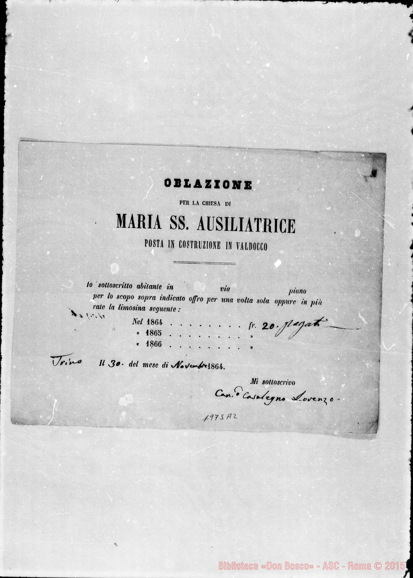 Fotogramma A 2 — Attestati di offerte per l’erigendo Santuario. Qualcuno ha autografo di Don Bosco