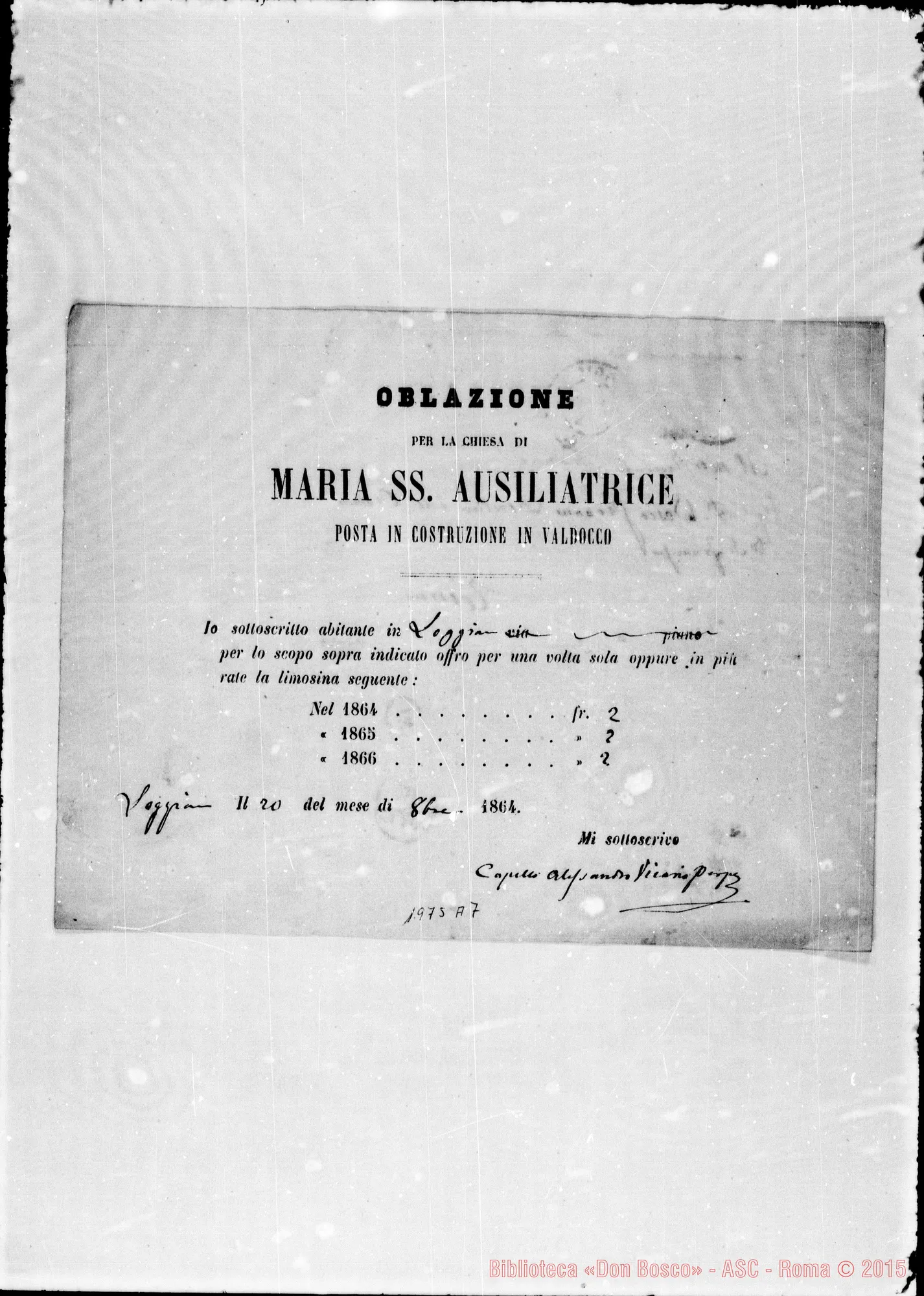 Fotogramma A 7 — Attestati di offerte per l’erigendo Santuario. Qualcuno ha autografo di Don Bosco