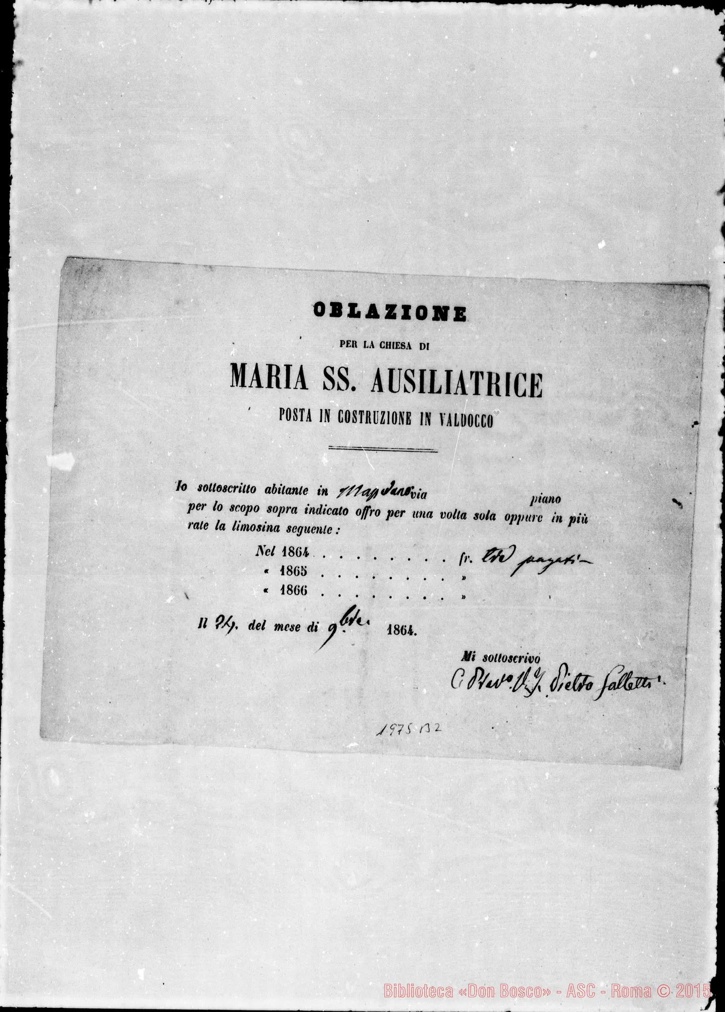 Fotogramma B 2 — Attestati di offerte per l’erigendo Santuario. Qualcuno ha autografo di Don Bosco