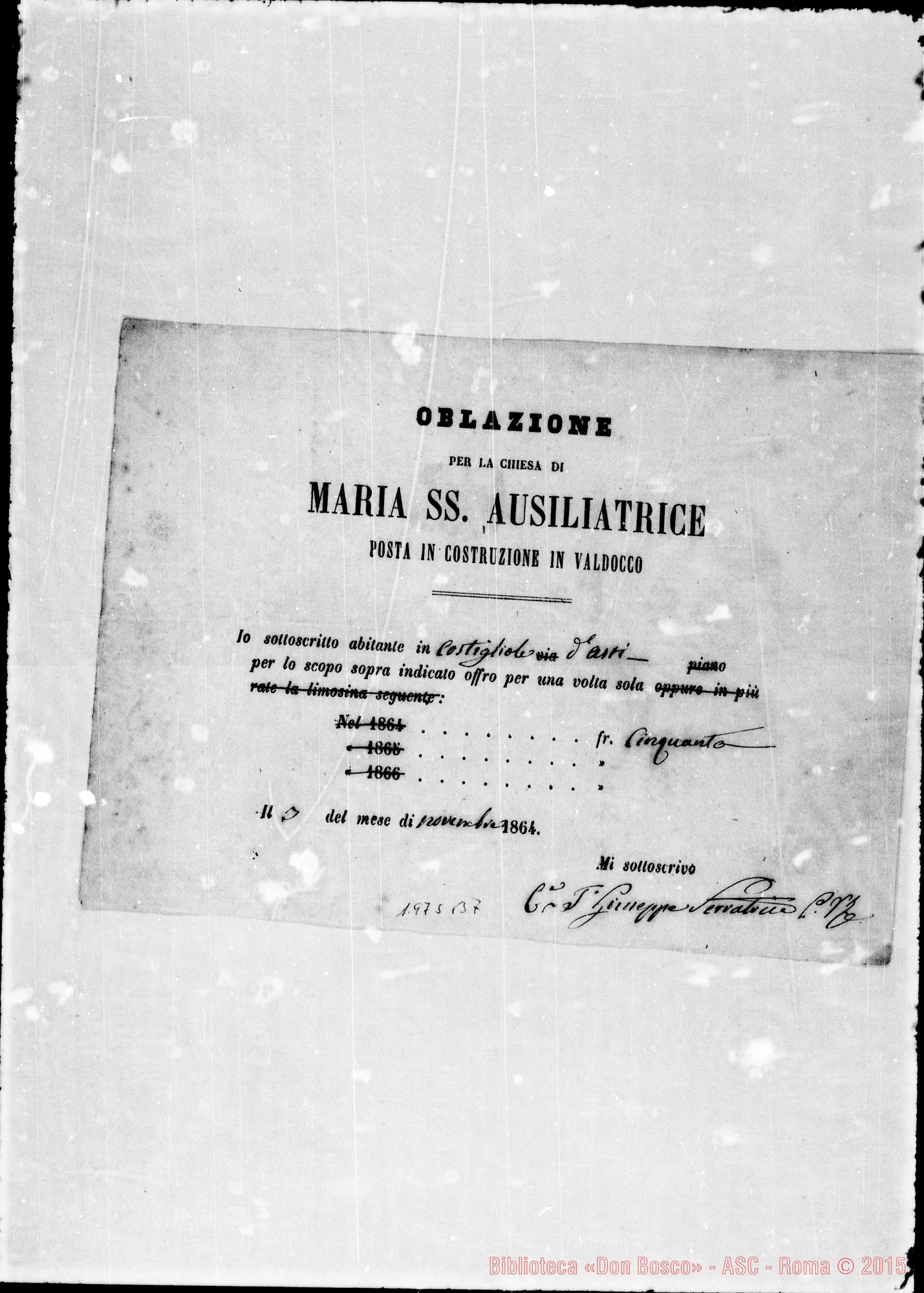 Fotogramma B 7 — Attestati di offerte per l’erigendo Santuario. Qualcuno ha autografo di Don Bosco