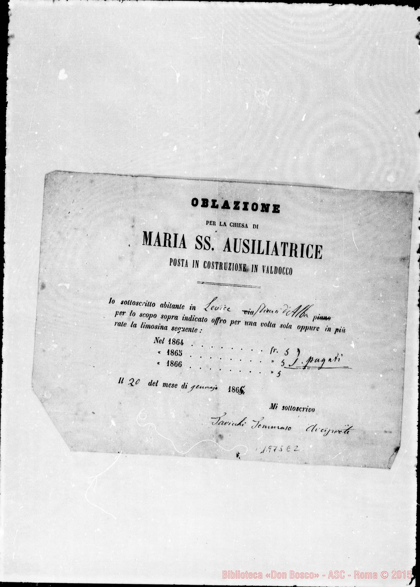 Fotogramma E 2 — Attestati di offerte per l’erigendo Santuario. Qualcuno ha autografo di Don Bosco