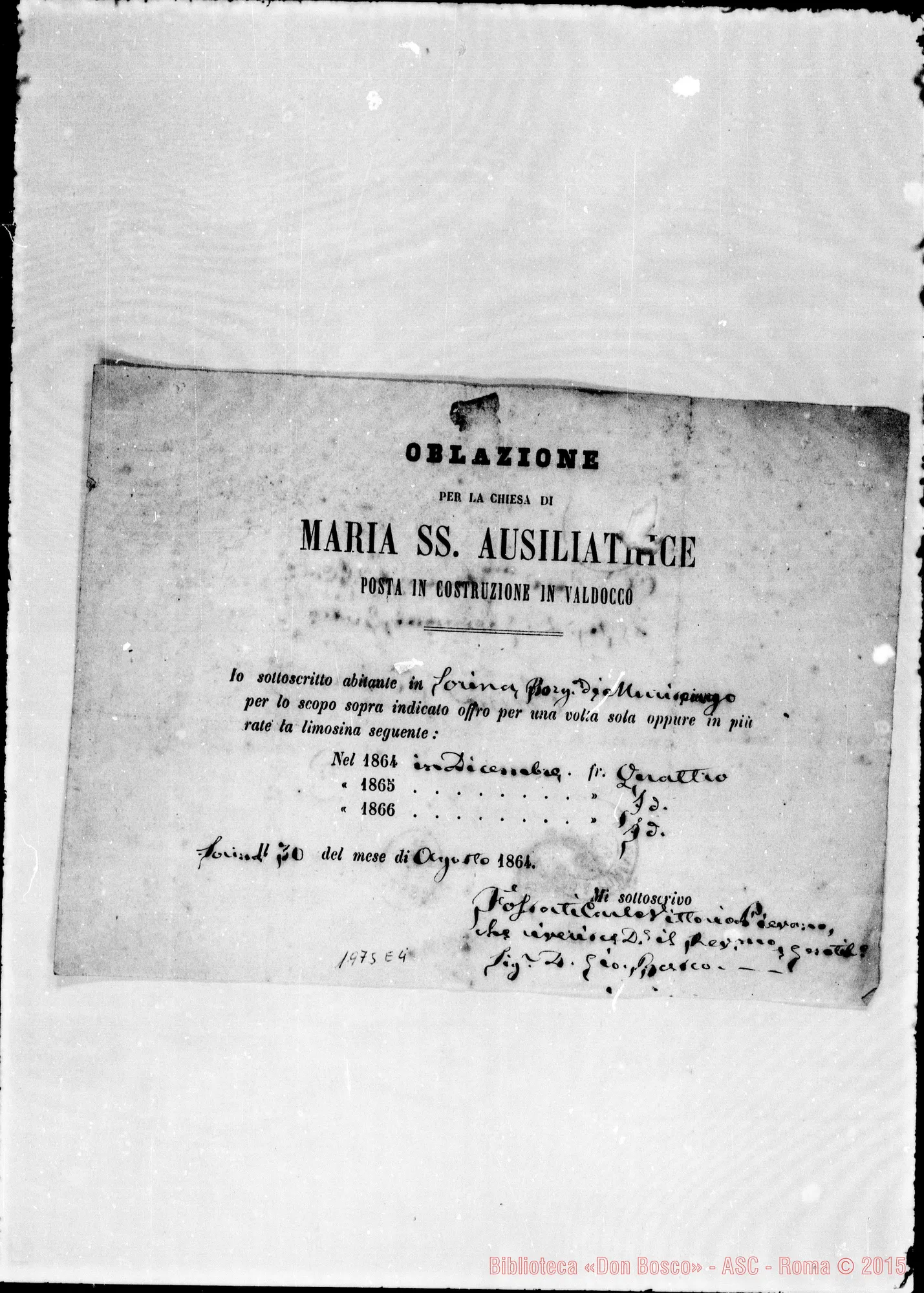 Fotogramma E 4 — Attestati di offerte per l’erigendo Santuario. Qualcuno ha autografo di Don Bosco