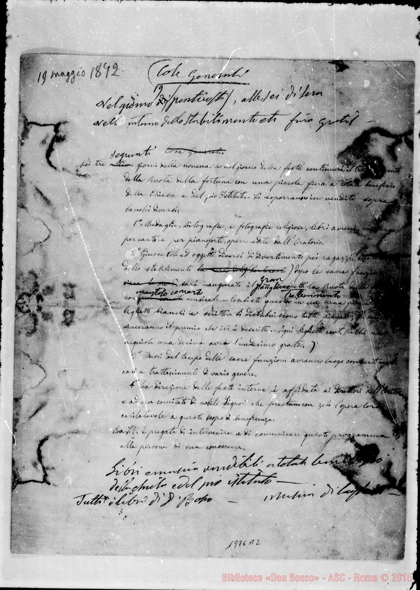 Fotogramma A 2 — Programma per la festa E novena (1872). Ms. con correz. E aggiunte autogr. Bosco