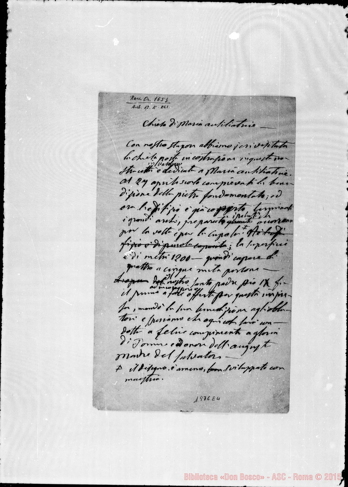 Fotogramma E 4 — «Chiesa di M.A.» Ms. autogr. Bosco. Minuta per la stampa neH’Unità C.