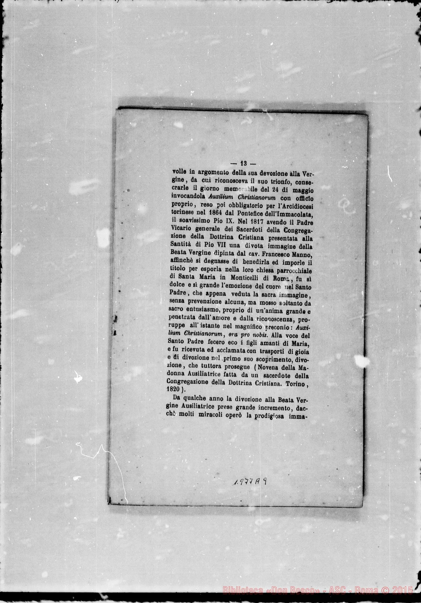 Fotogramma A 9 — Divozione alla Madonna Ausiliatrice. Stampato nel 1865