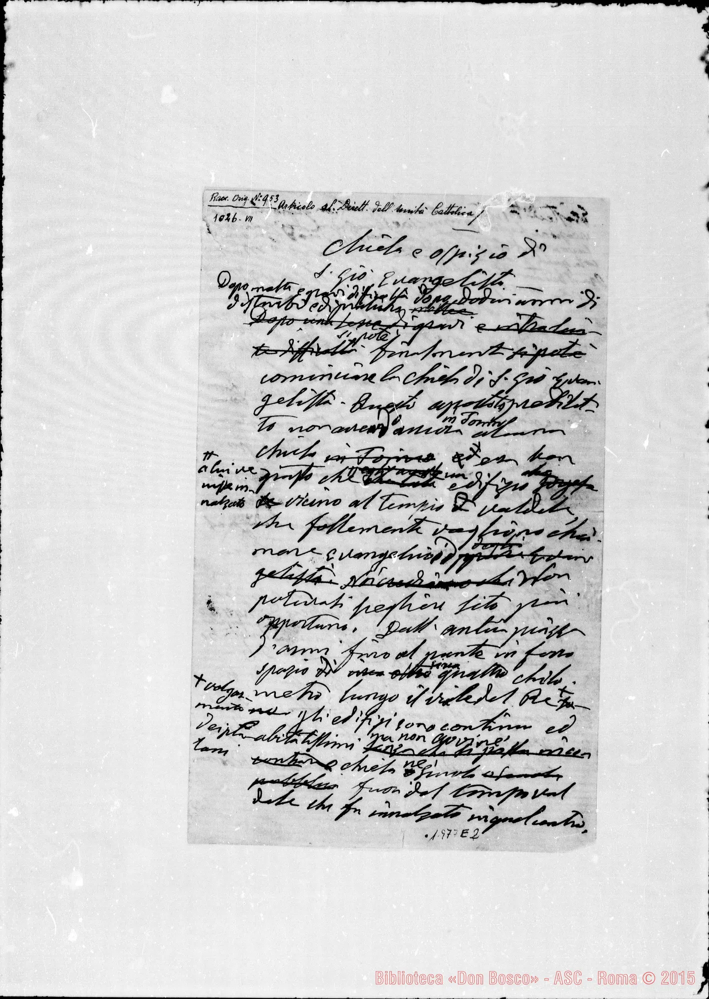 Fotogramma E 2 — «Chiesa E Ospizio di S. Giov. Evangelista».'Minuta autogr. Bosco per l’Unità Cattolica