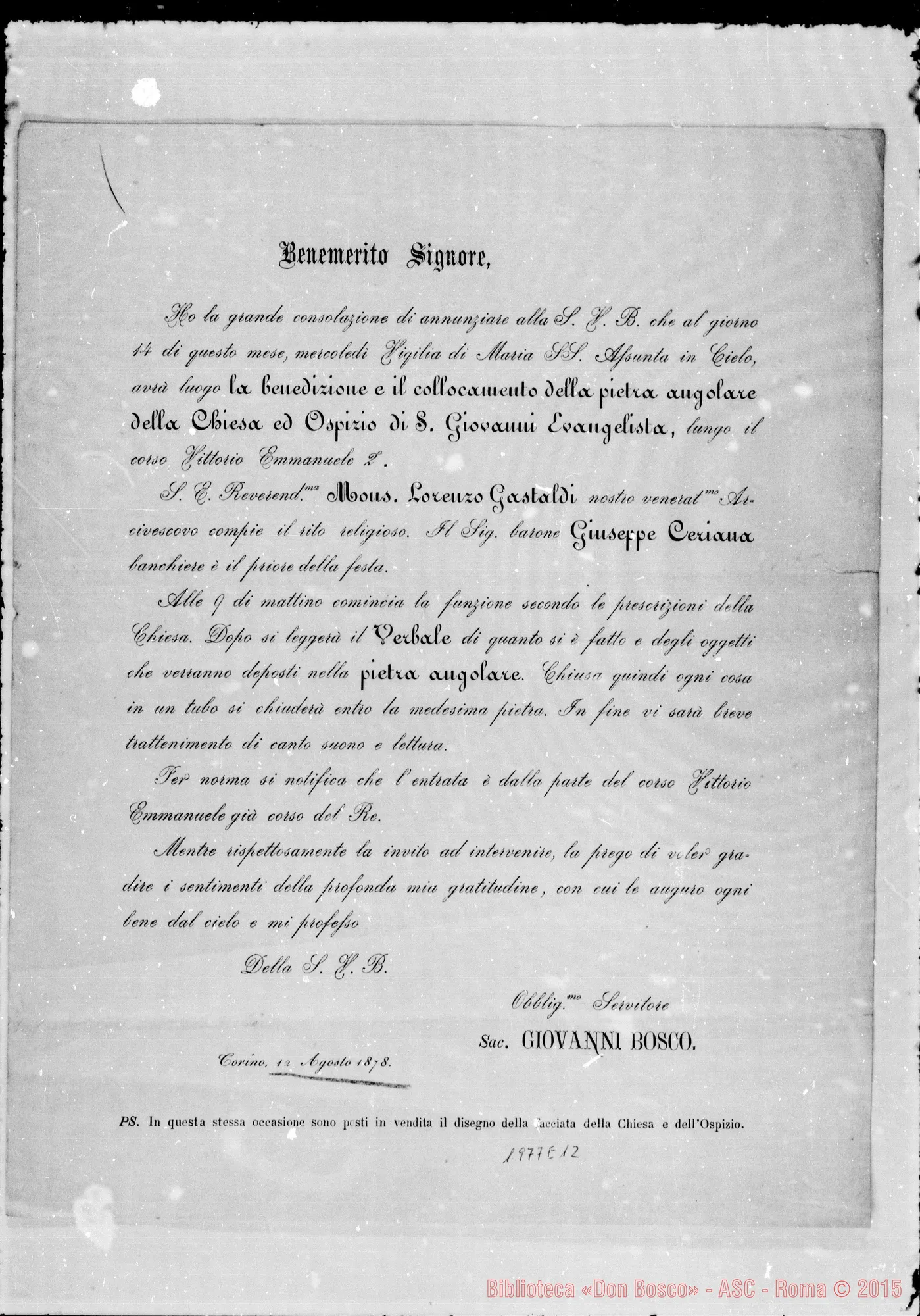 Fotogramma E 12 — «Ho la grande consolazione…» Circolare di D. Bosco. Stampato agosto 1878