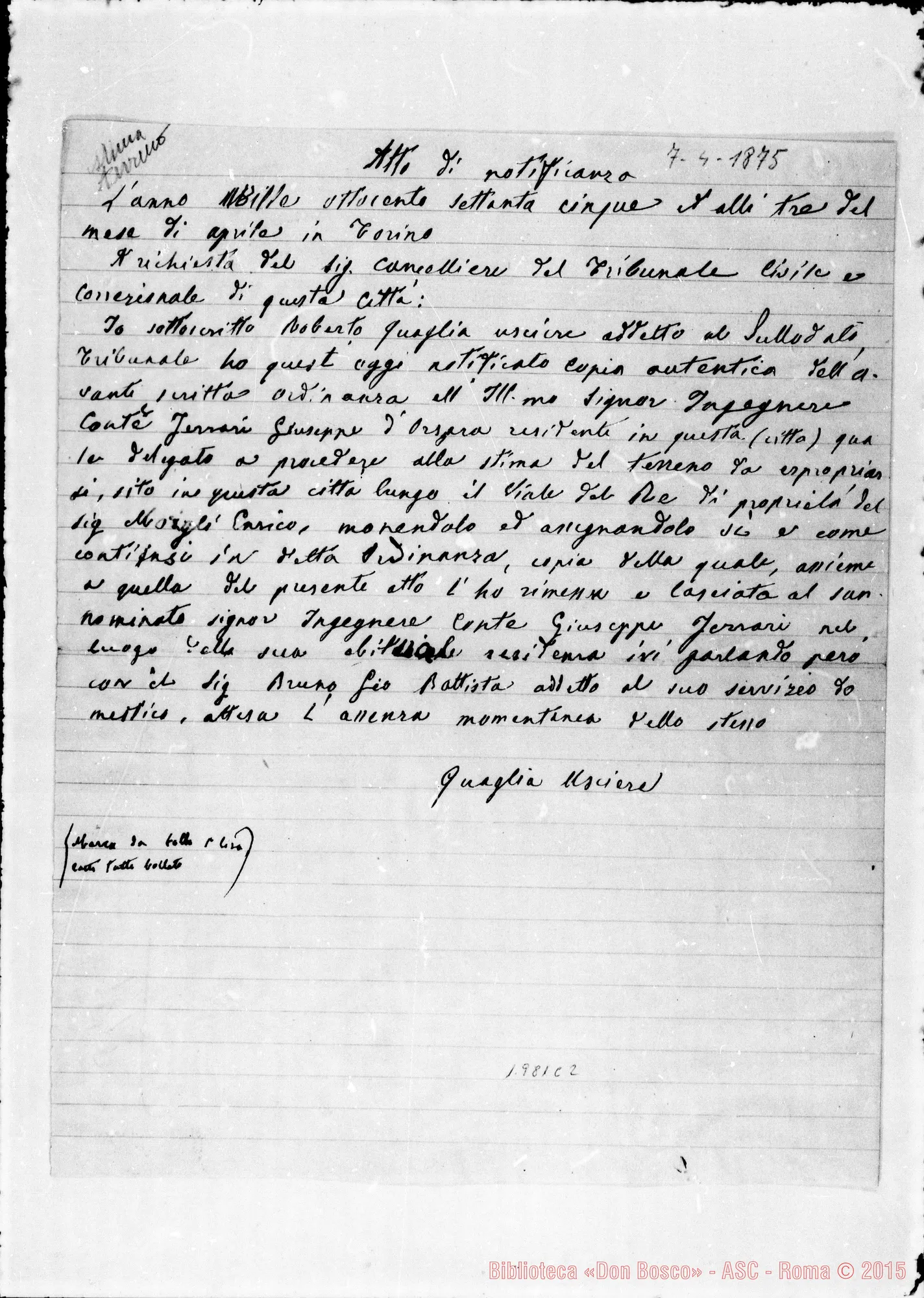 Fotogramma C 2 — « Atto di notificanza » (Guaglia Uscire). Copia. Ms. Lemoyne