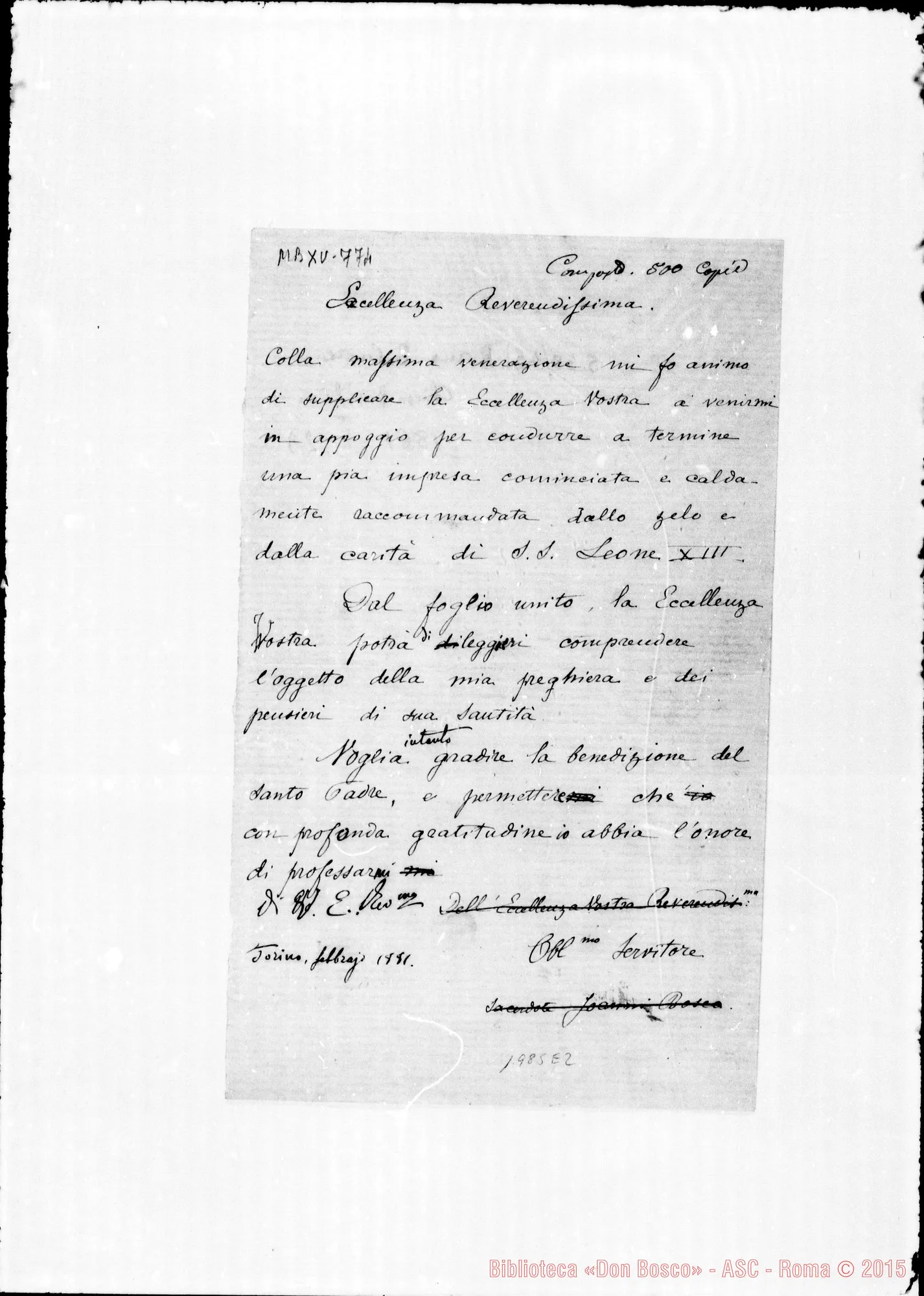 Fotogramma E 2 — Bosco-Eminenza. Minuta di lettera